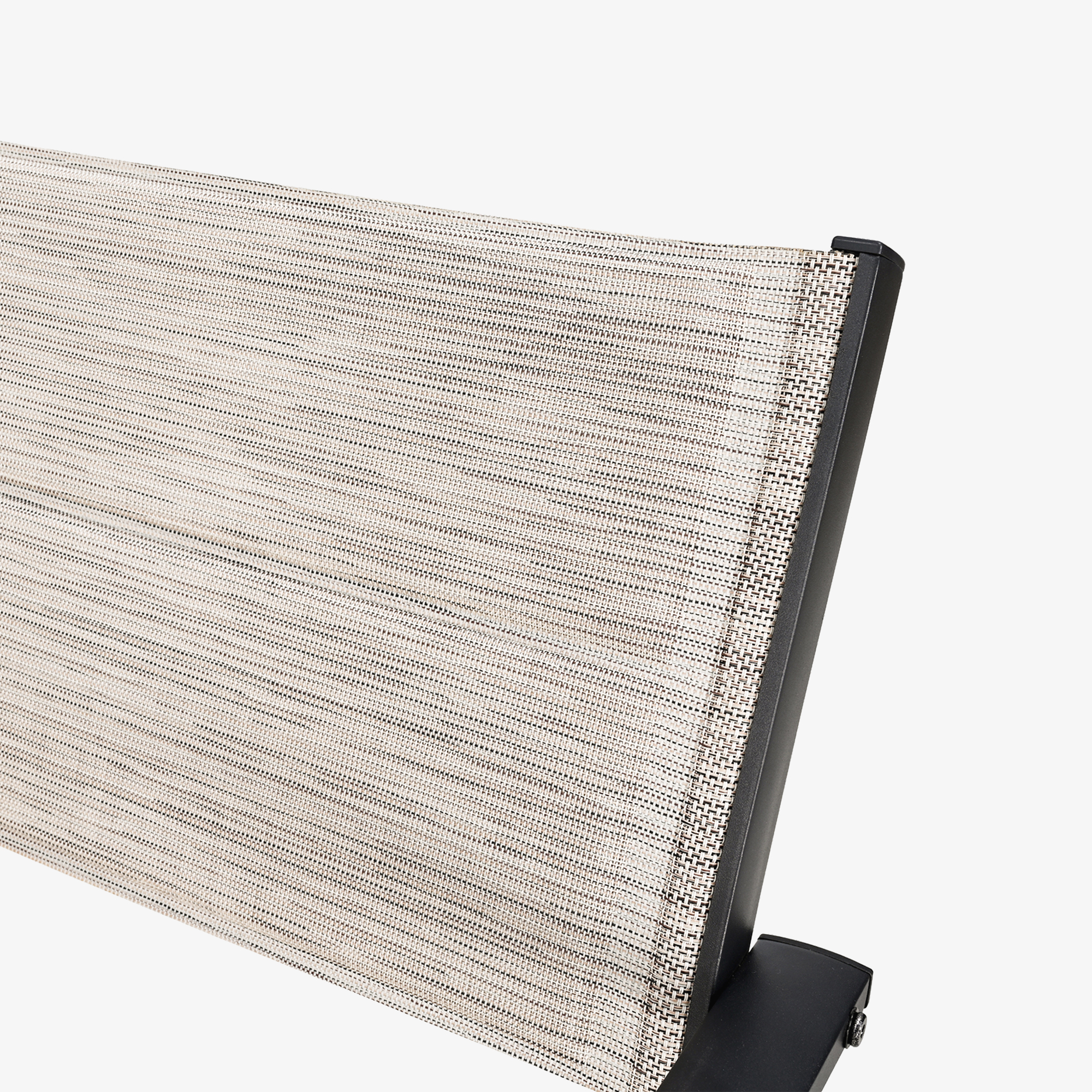 Close-up of beige woven fabric backrest with black metal frame on outdoor dining chair-Seehill