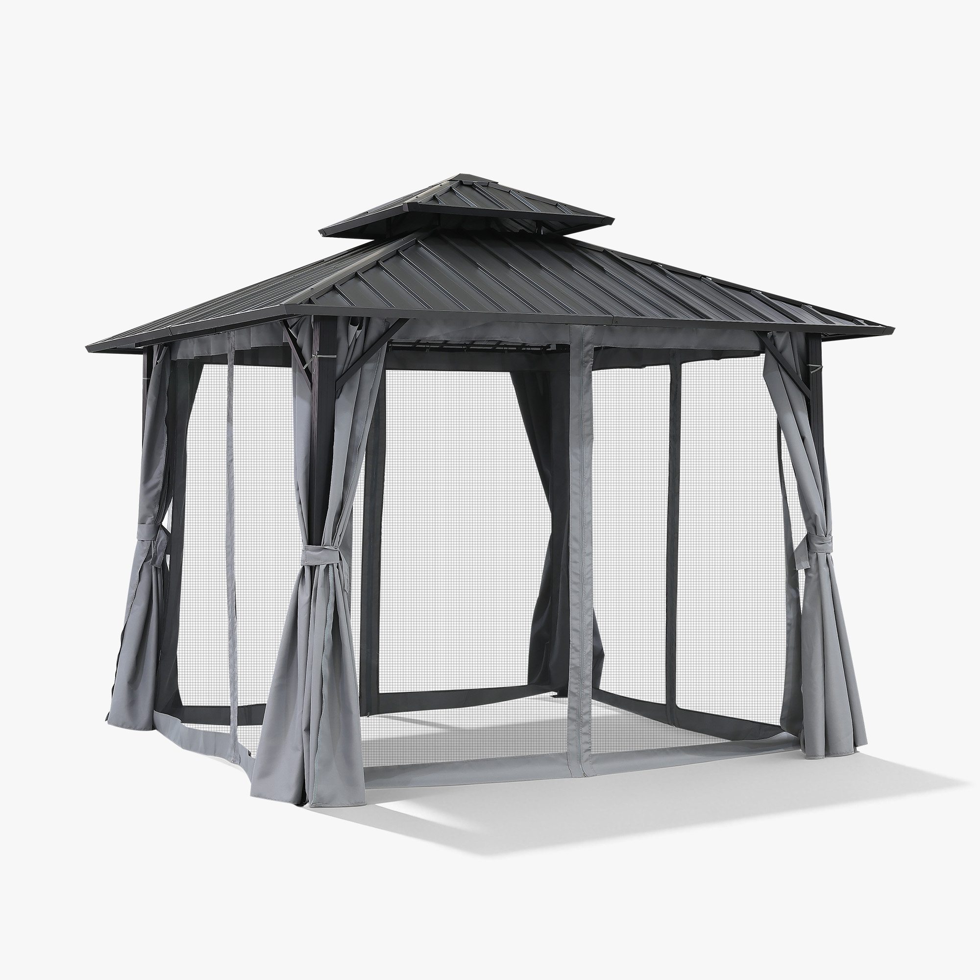 Gray outdoor patio hardtop gazebo with mesh netting and curtains on white background -Seehill
