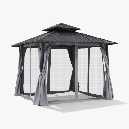 12' x 12' Outdoor Patio Hardtop Gazebo with Netting and Curtains - G030-3