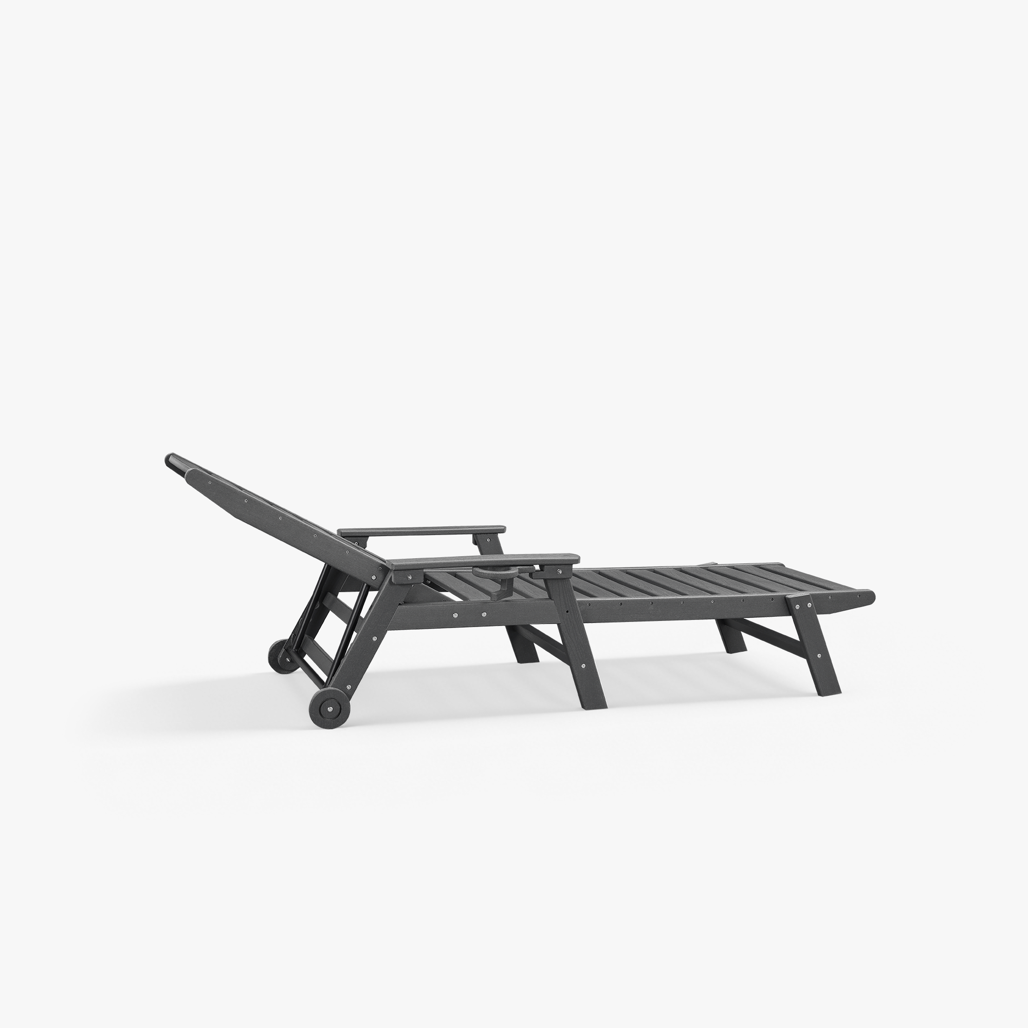 Black adjustable outdoor lounge chair with wheels on white background -Seehill