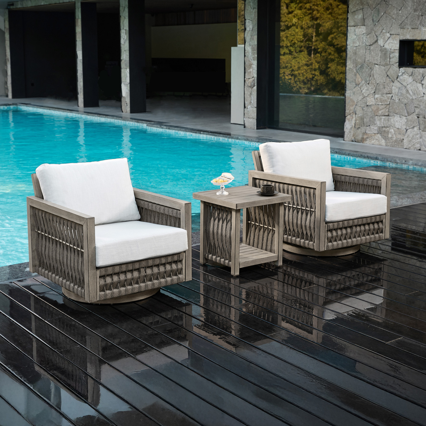 Modern outdoor swivel chairs with woven texture, white cushions - Seehill