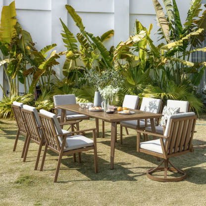 Modern teak outdoor dining set with swivel chair, light gray - Seehill