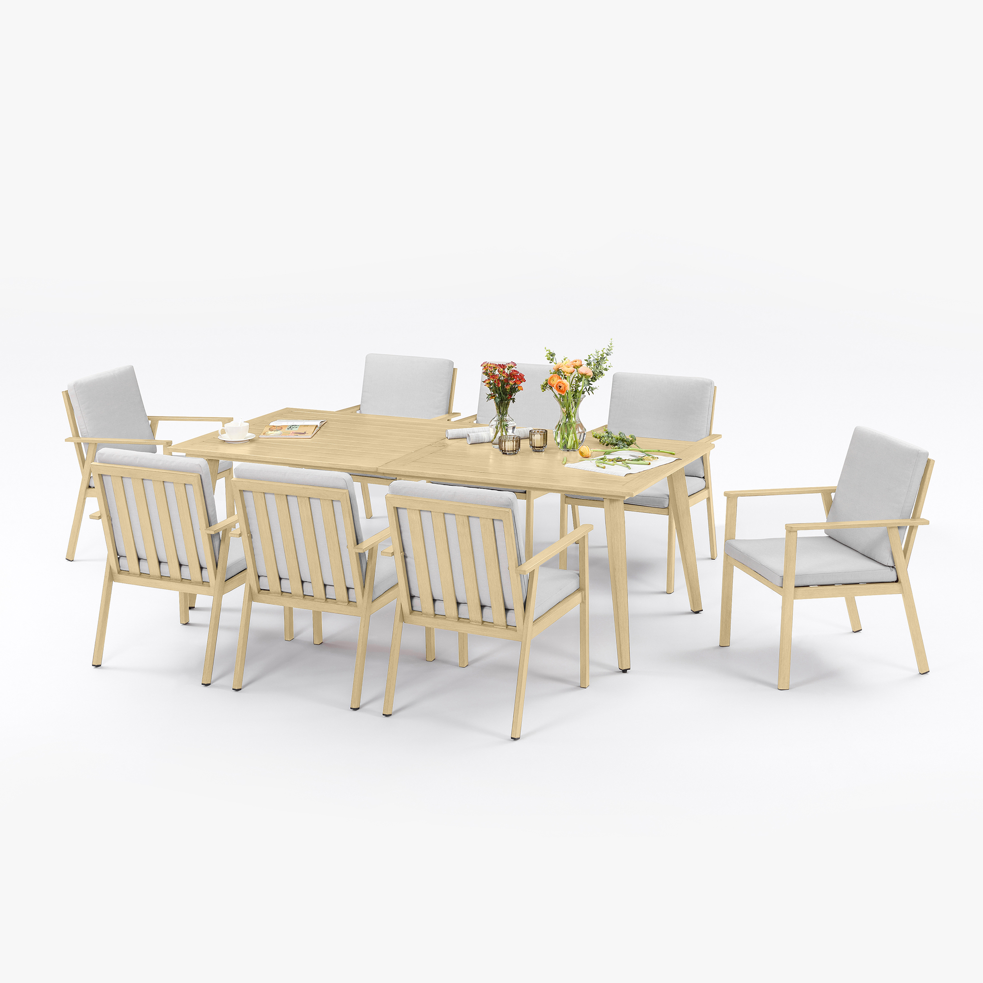 Explore the wooden outdoor dining set with chairs and a table, complemented by light gray cushions from the exclusive collection. - Seehill