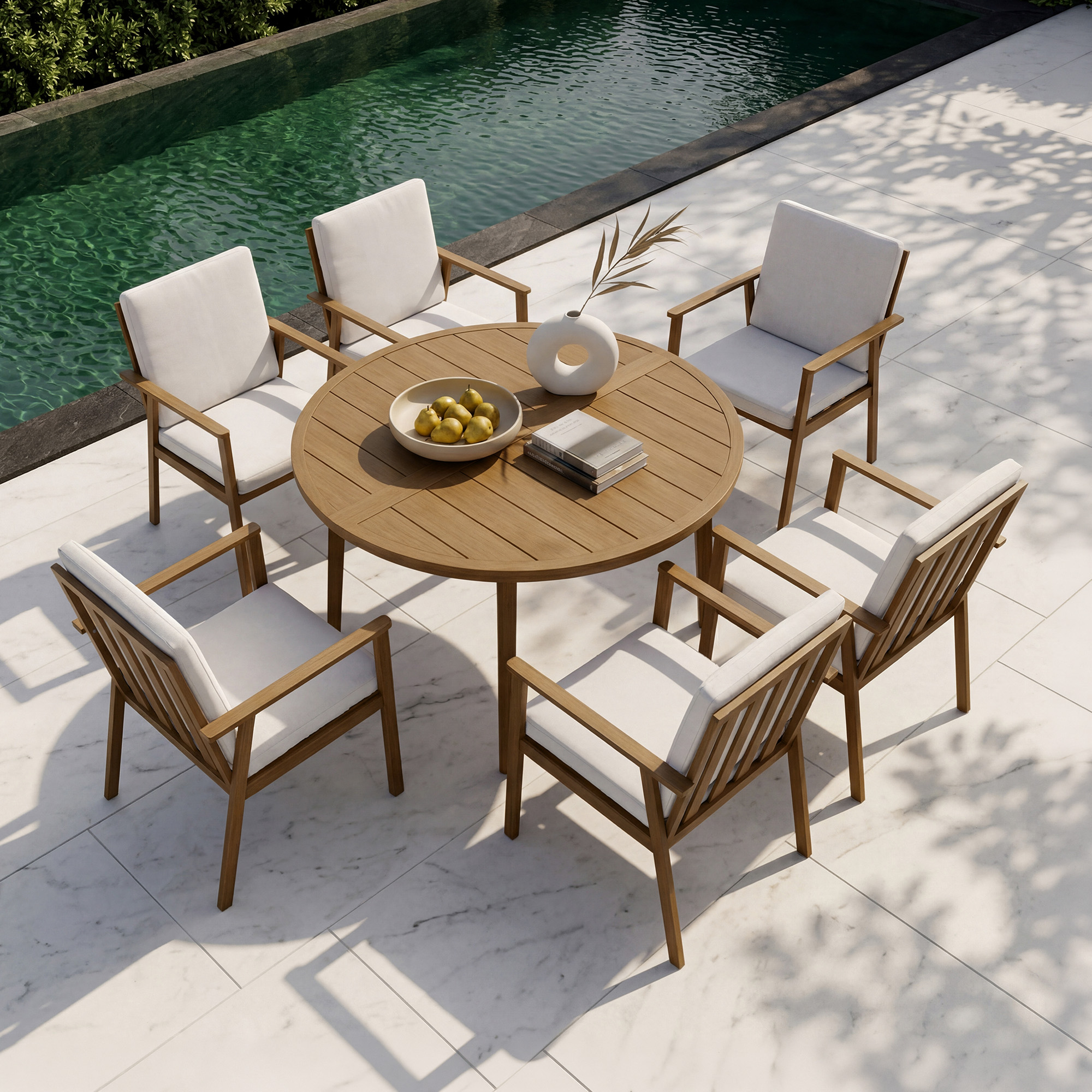 Round wooden patio dining table with six cushioned armchairs by a poolside-Seehill