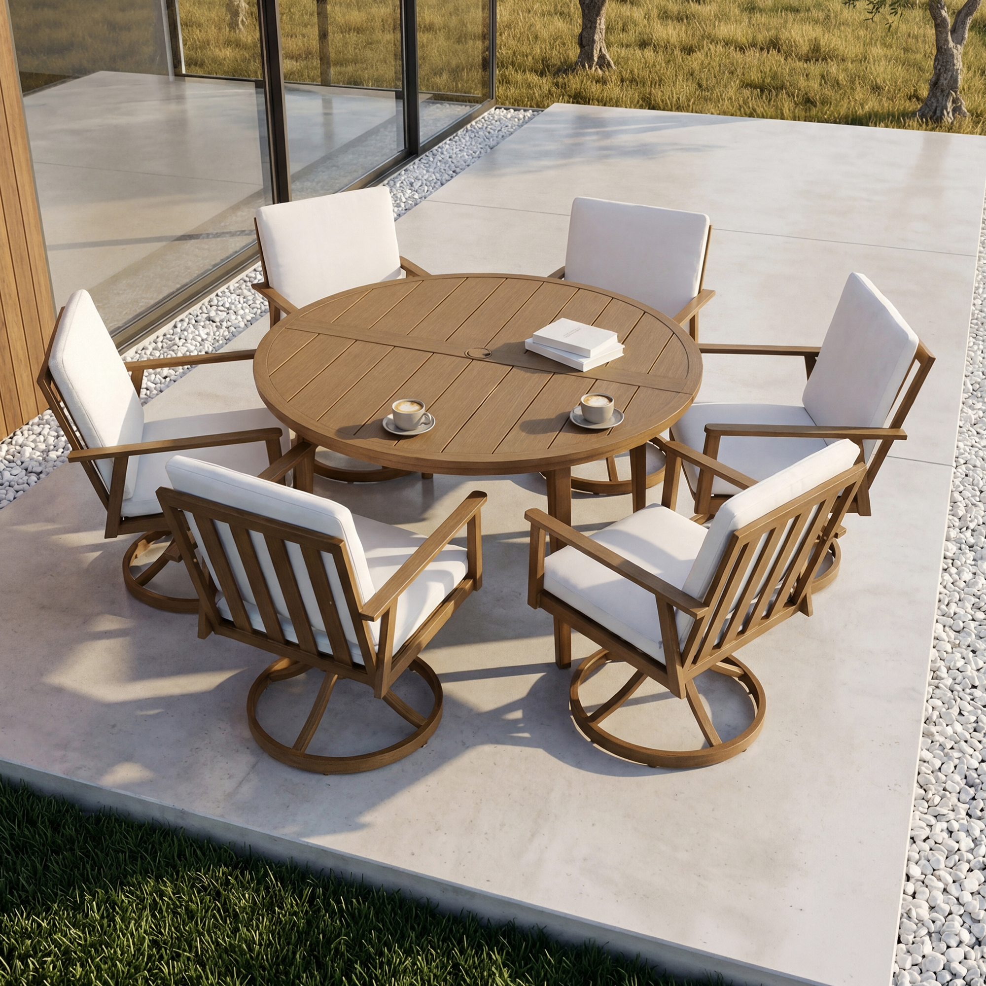 Round aluminum patio dining set with cushioned swivel chairs on outdoor patio-Seehill