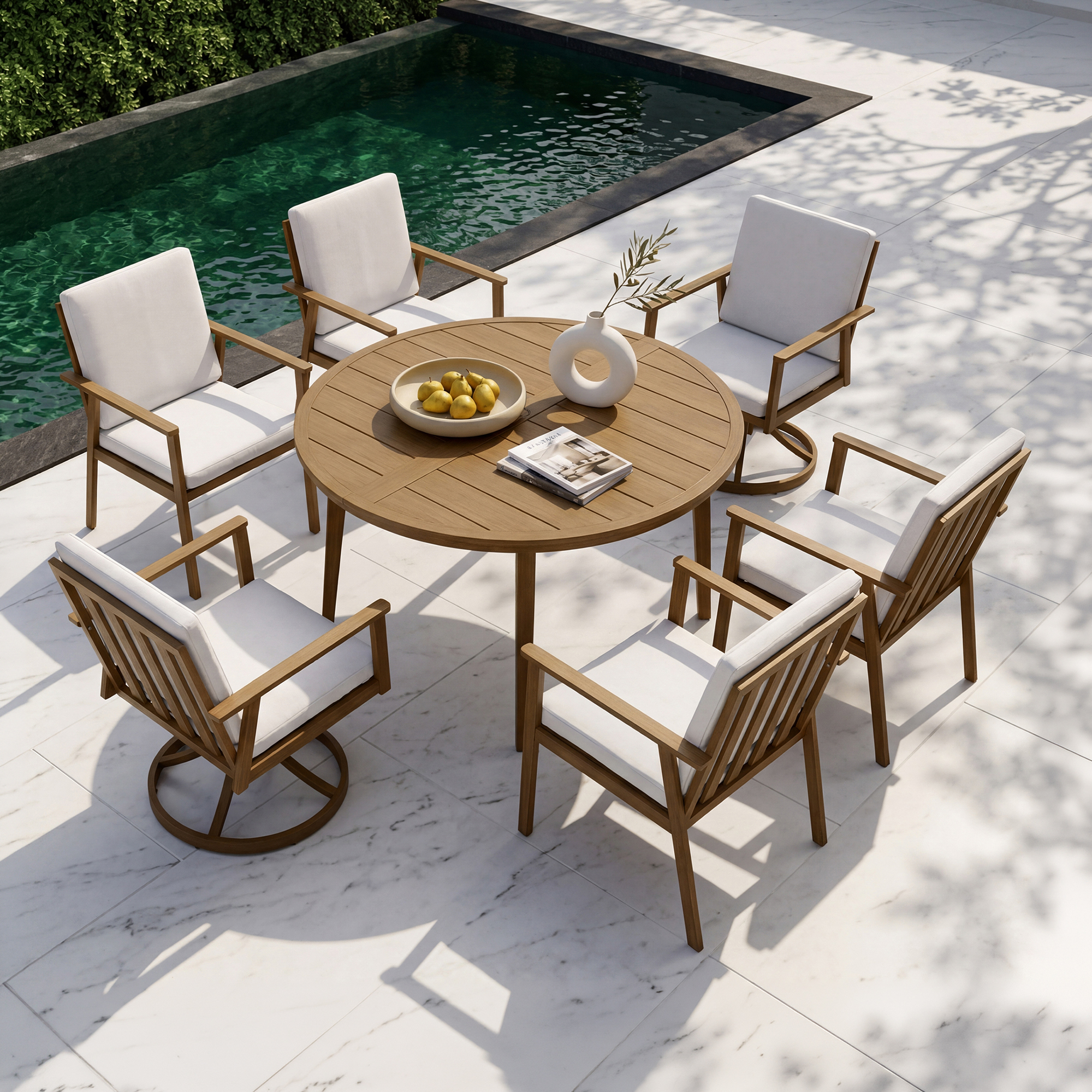 Outdoor patio dining set with round table and cushioned armchairs by the pool-Seehill