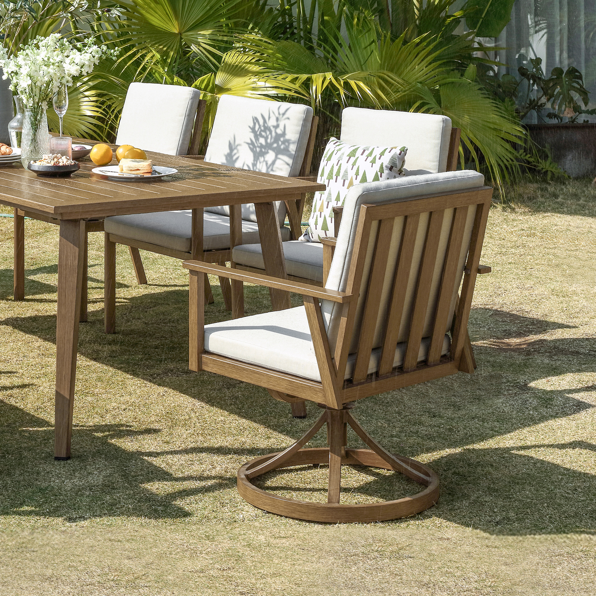 Wooden outdoor dining set with cushioned chairs - Seehill