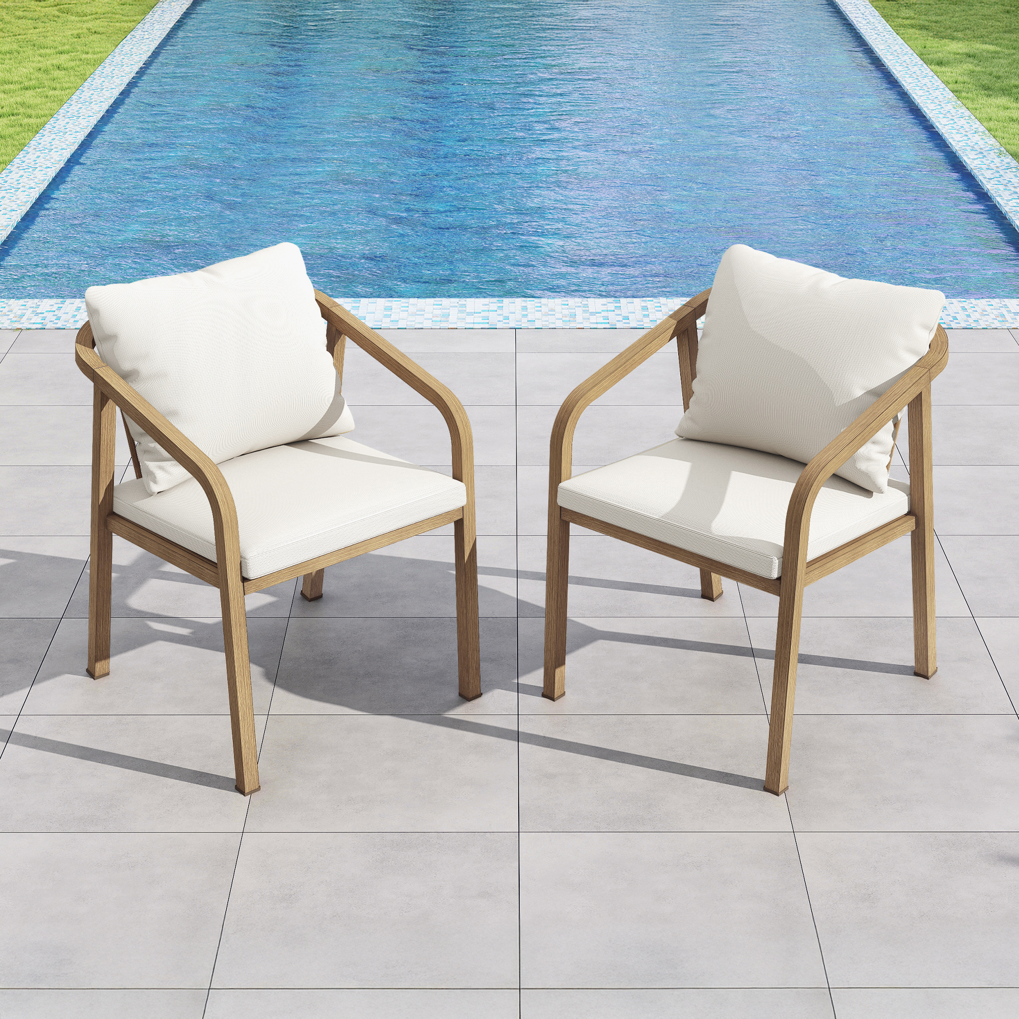 Two cushioned outdoor dining chairs with wraparound wooden frames by a poolside patio-Seehill