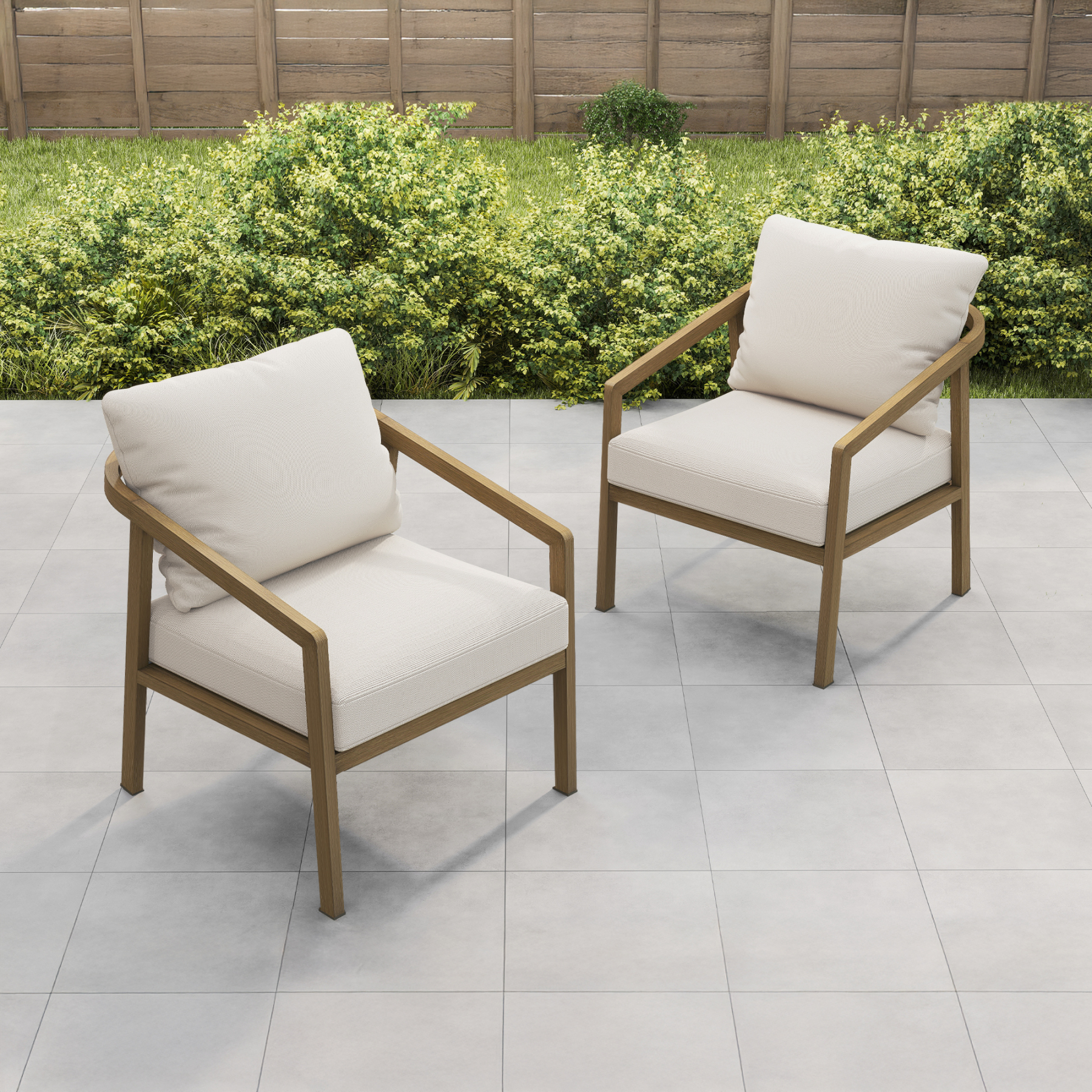 This exclusive piece Patio Outdoor Armchair Set features beige cushioned outdoor patio armchairs for enhanced comfort. - Seehill