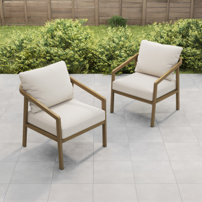 This exclusive piece Patio Outdoor Armchair Set features beige cushioned outdoor patio armchairs for enhanced comfort. - Seehill