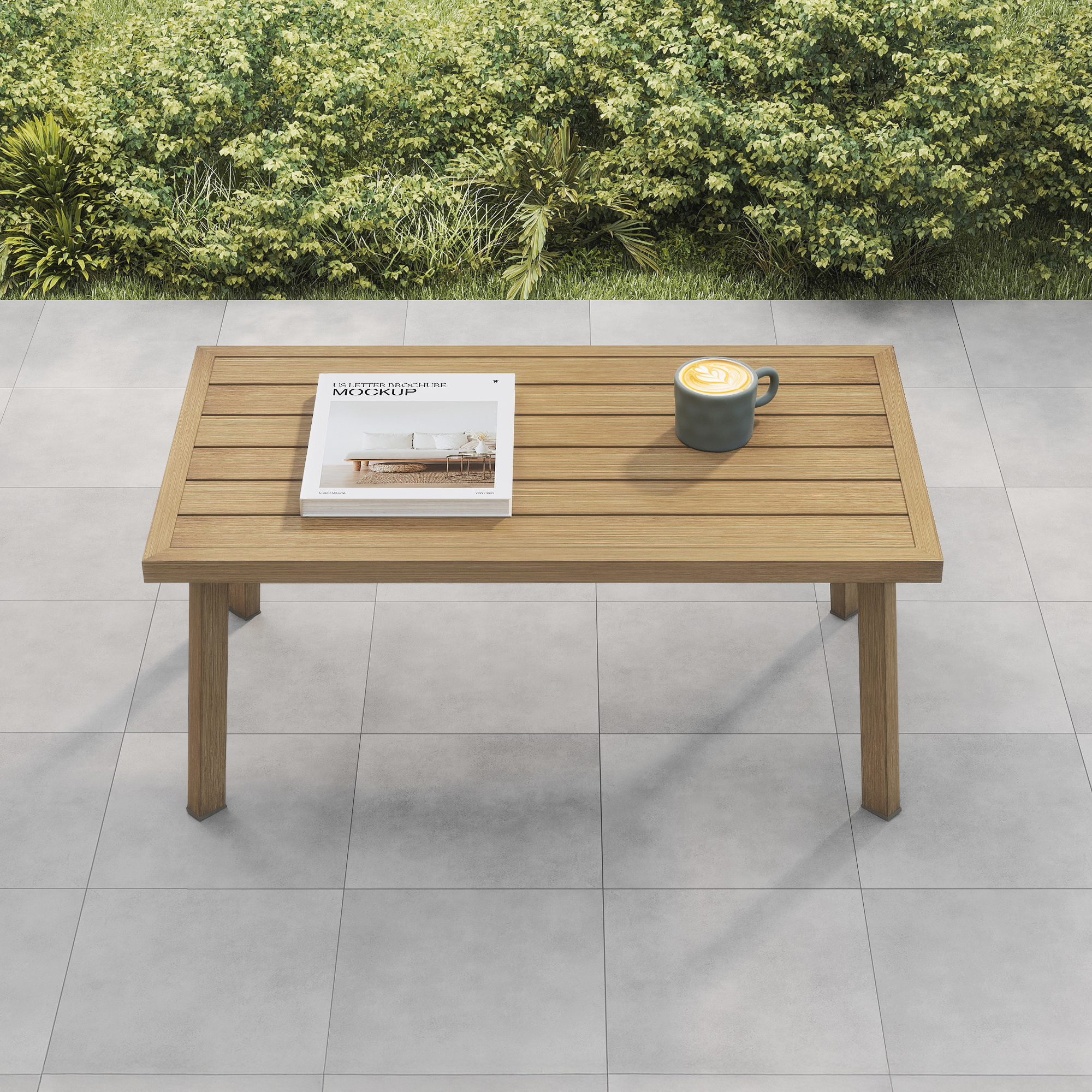 Rectangular patio coffee table with wood grain texture on tiled floor near green bushes-Seehill