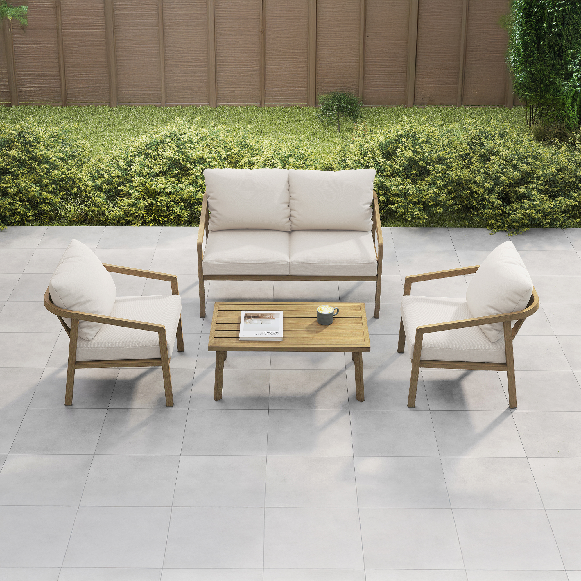 Experience the Piece Outdoor Conversation Set with cushioned seats and glass table, designed with modern aesthetics. - Seehill