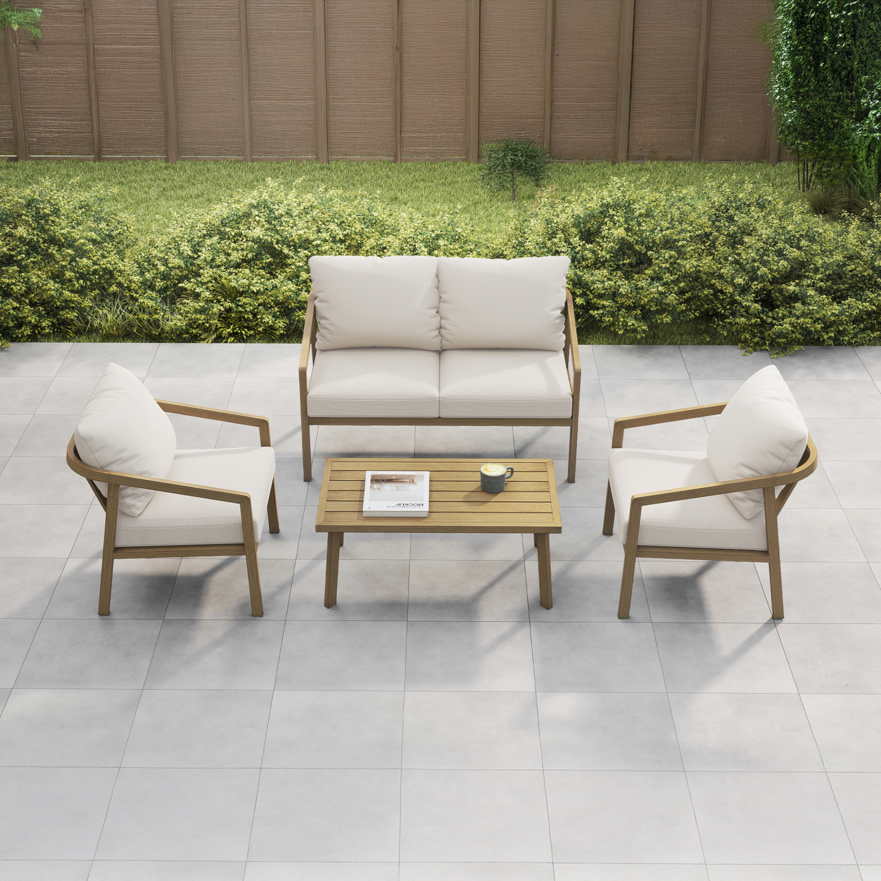 Experience the Piece Outdoor Conversation Set with cushioned seats and glass table, designed with modern aesthetics. - Seehill