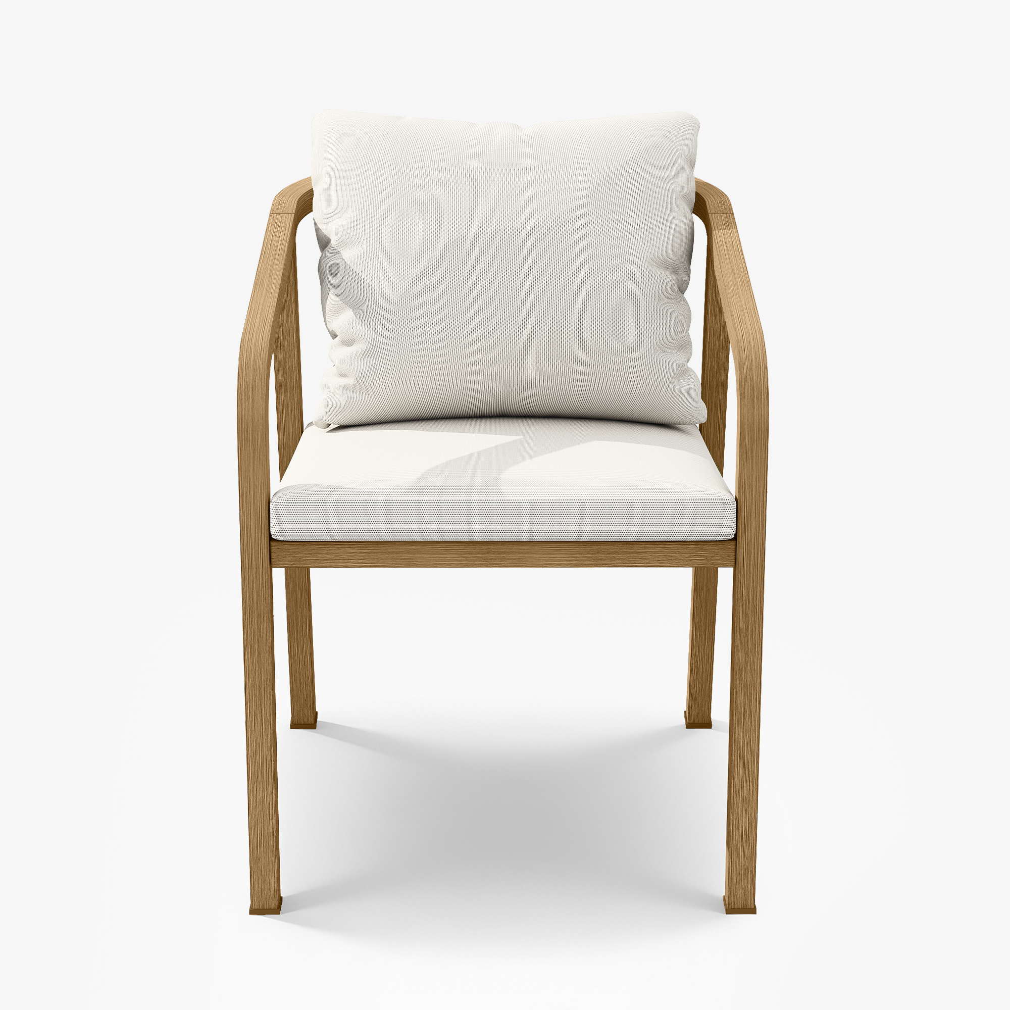 Wood framed patio chair with white cushions and curved armrests on white background-Seehill