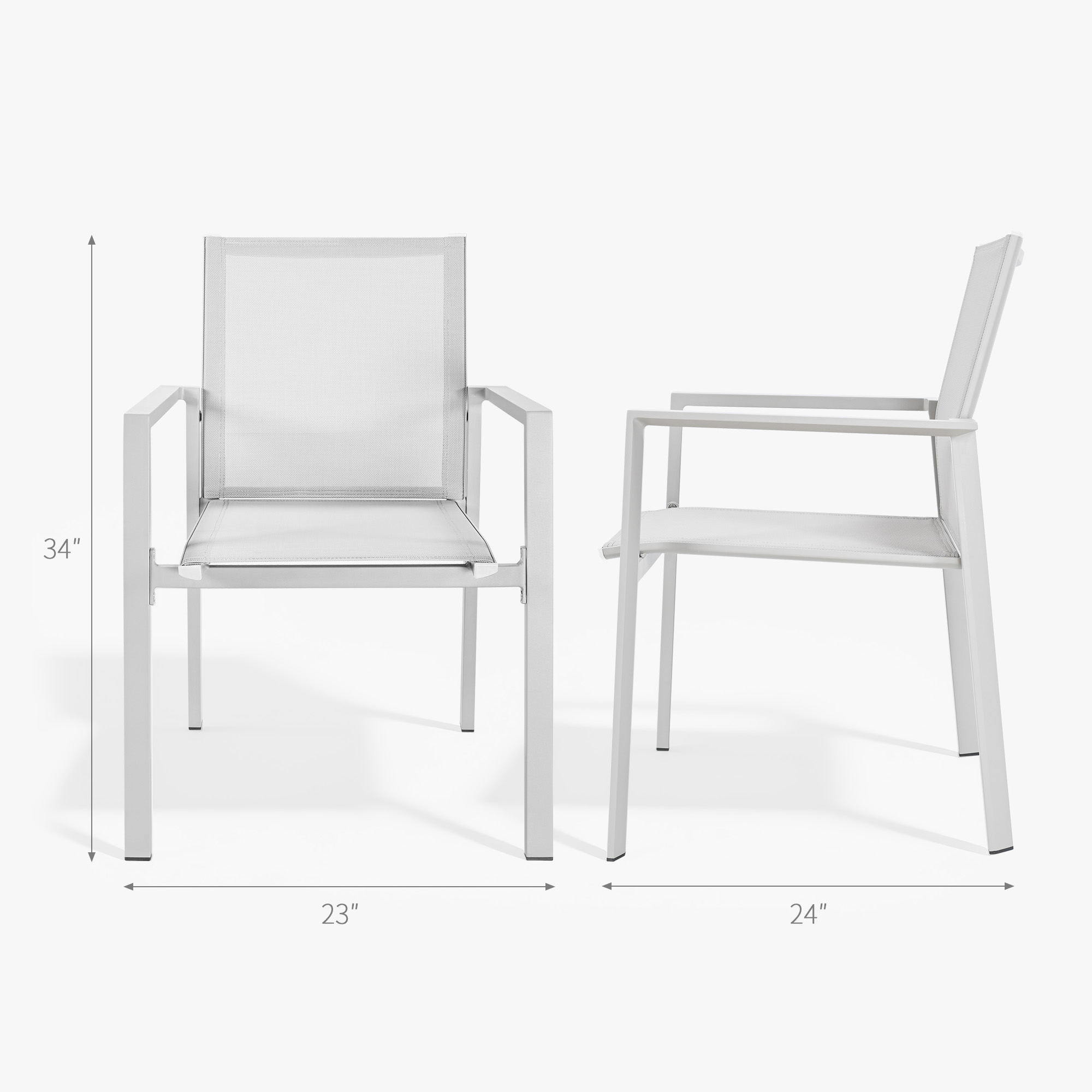 Two white stackable patio dining chairs with full-width armrests on a white background -Seehill