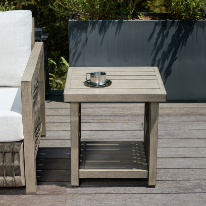 Outdoor wooden side table with storage shelf and cup - Seehill