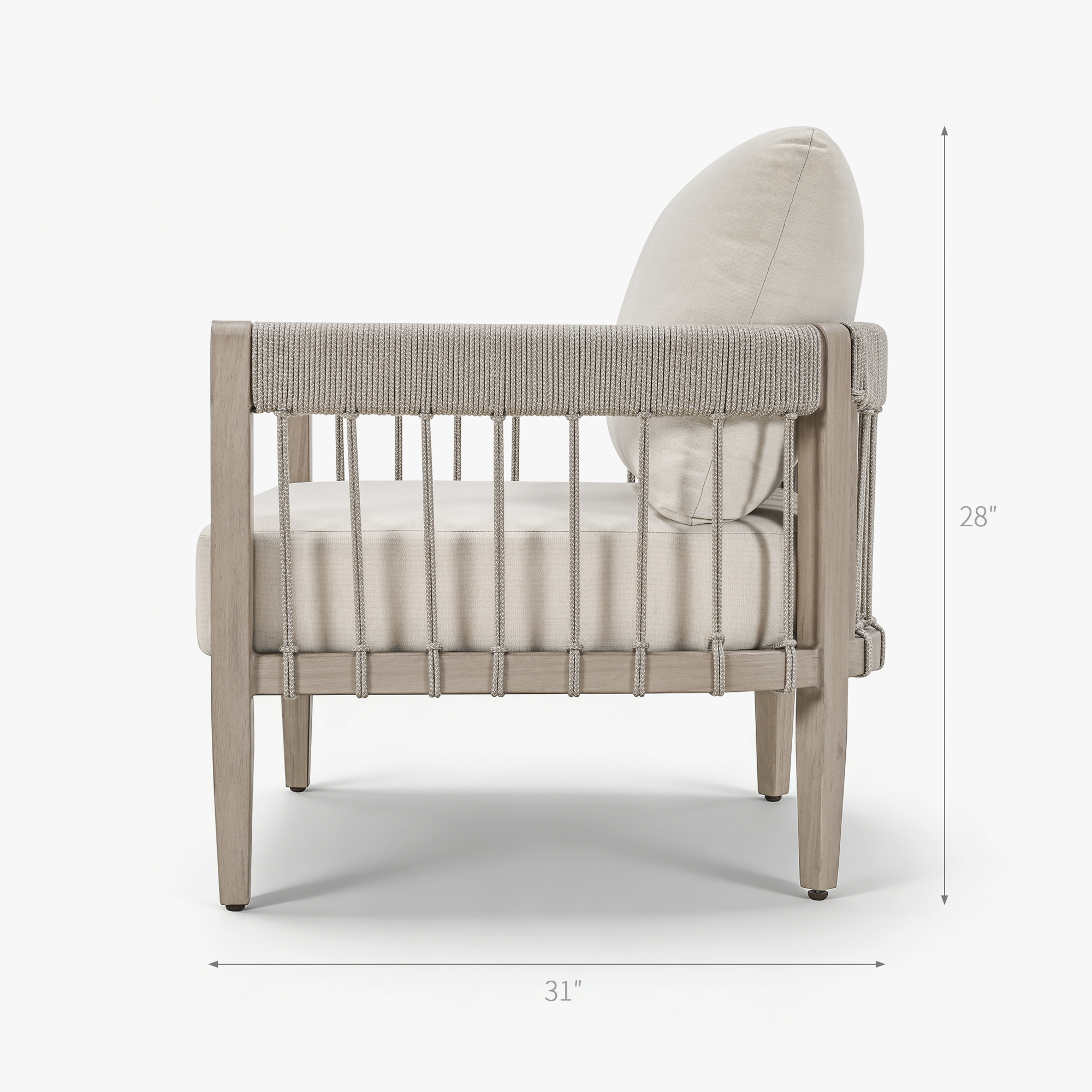 Side view of a beige cushioned outdoor sofa with faux wood frame and rope detailing-Seehill