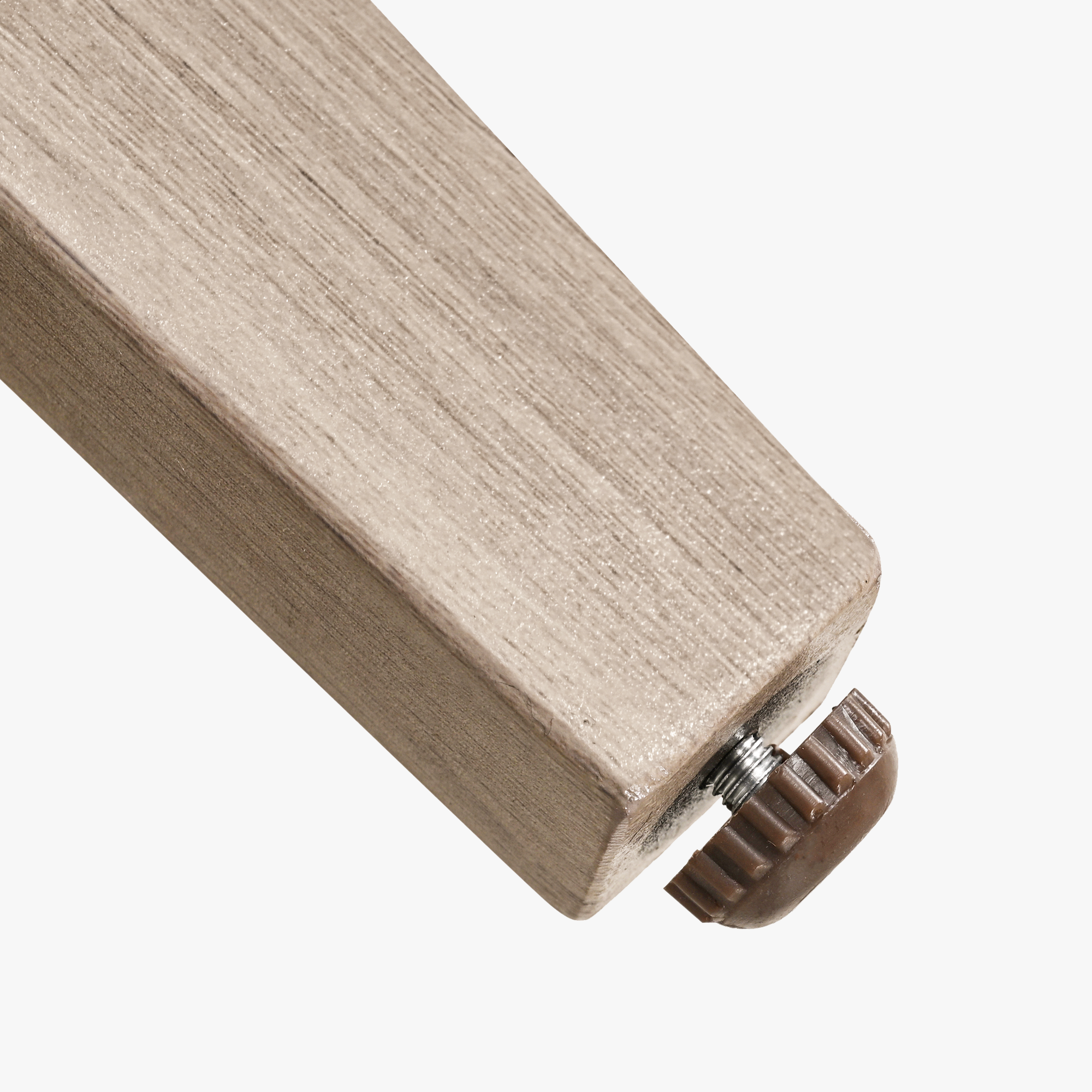 Close-up of faux wood grain patio furniture leg with adjustable brown foot pad-Seehill