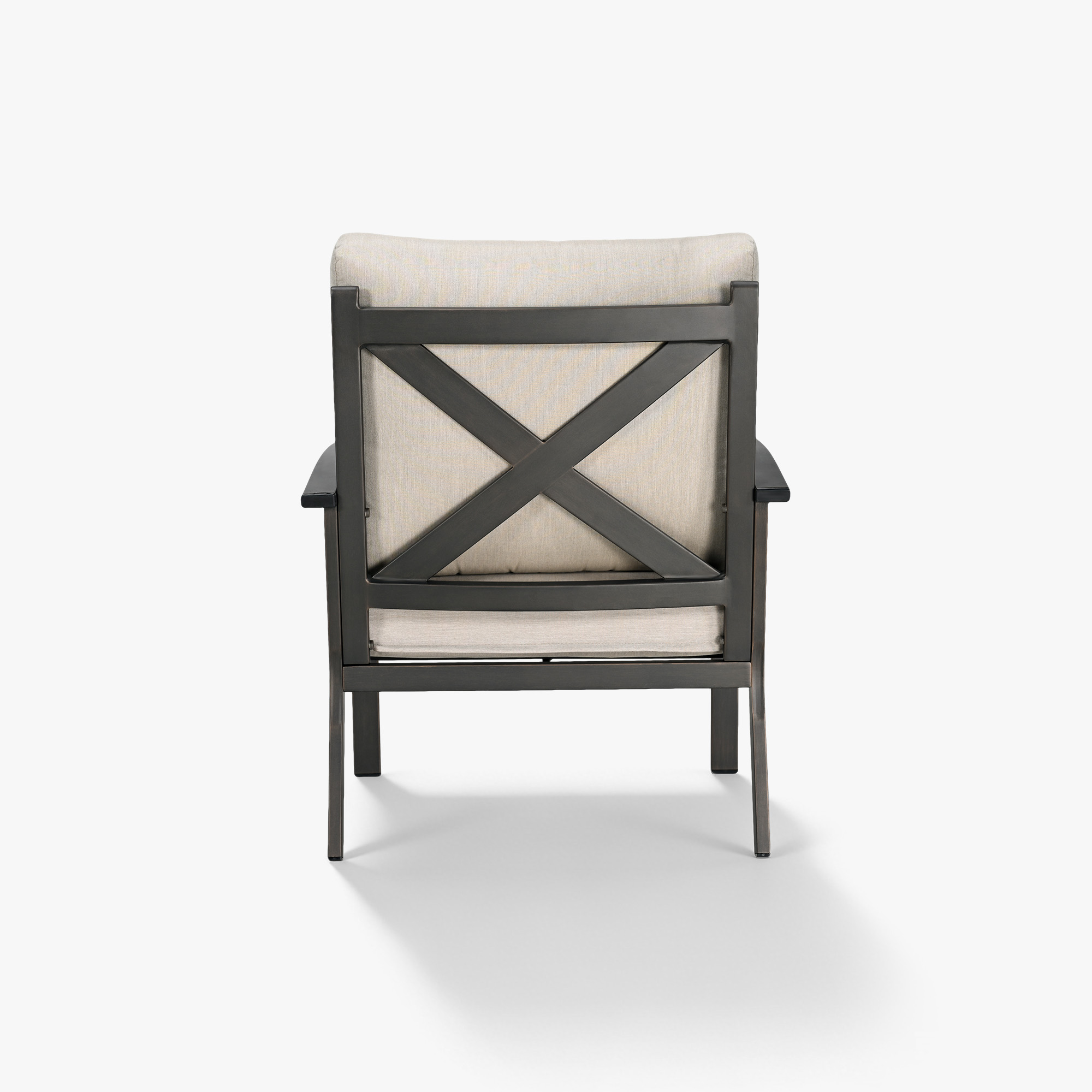 Back view of a cushioned patio armchair with dark metal frame and beige fabric-Seehill