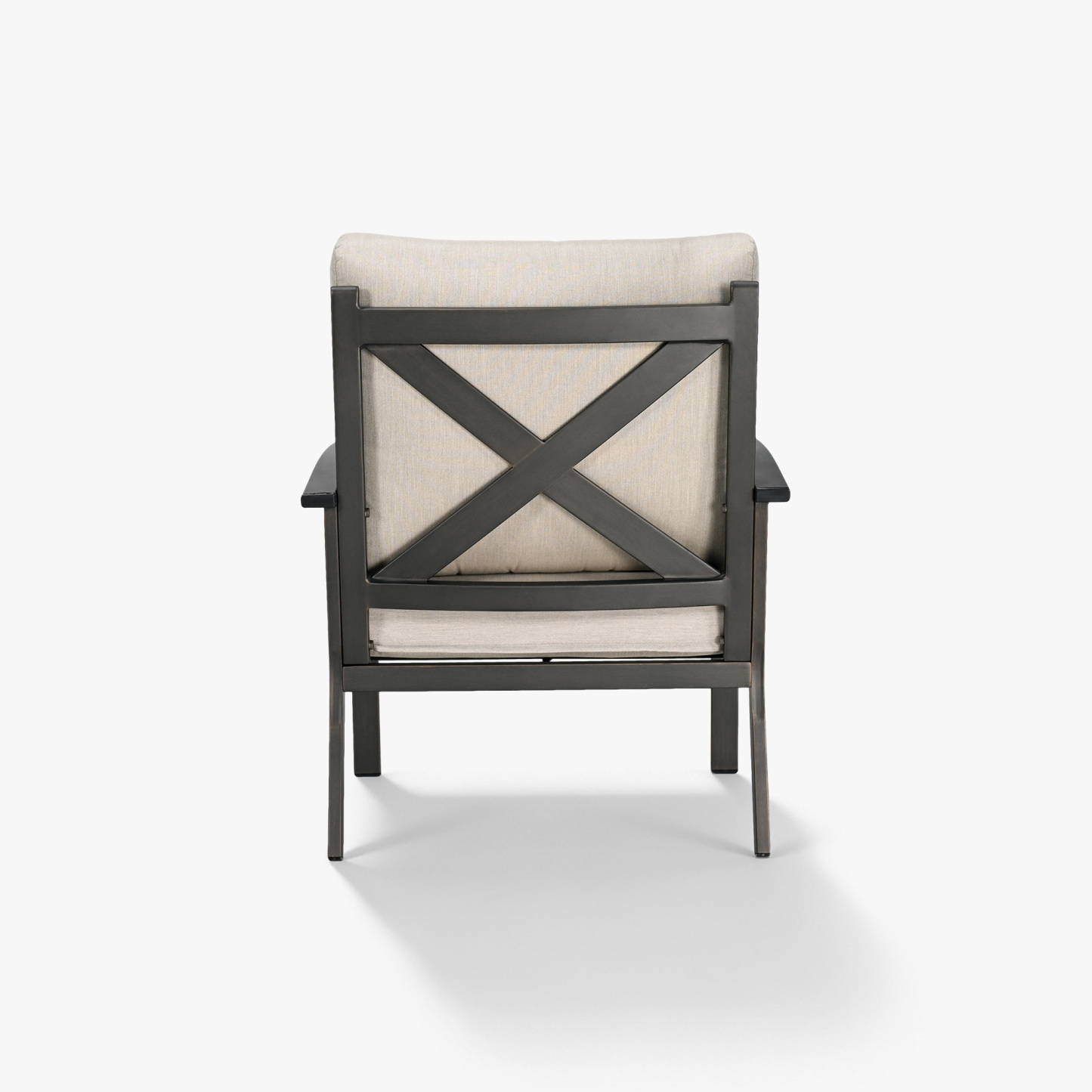 Back view of a cushioned patio armchair with dark metal frame and beige fabric-Seehill
