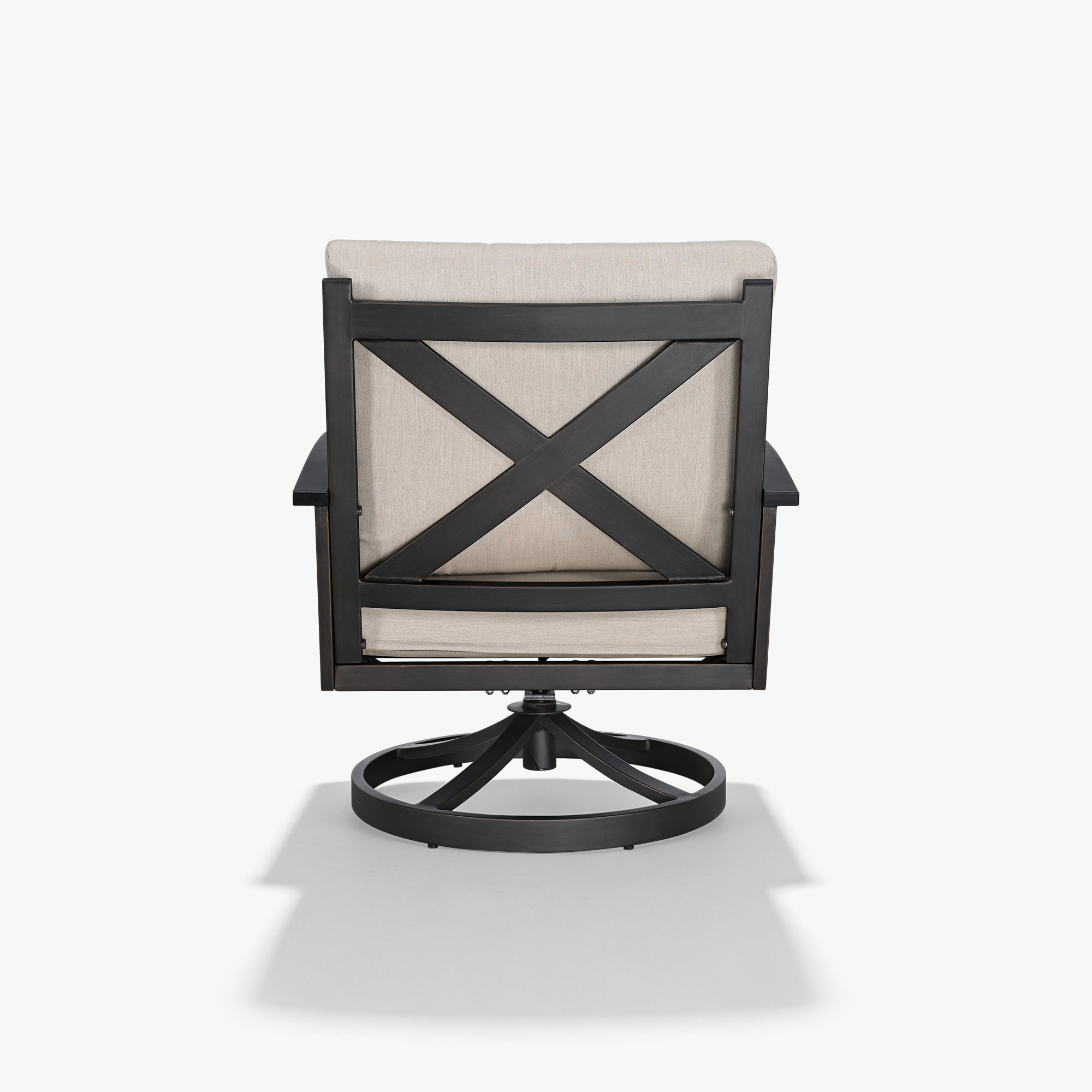 Back view of a wide outdoor swivel patio chair with beige cushions and metal frame-Seehill