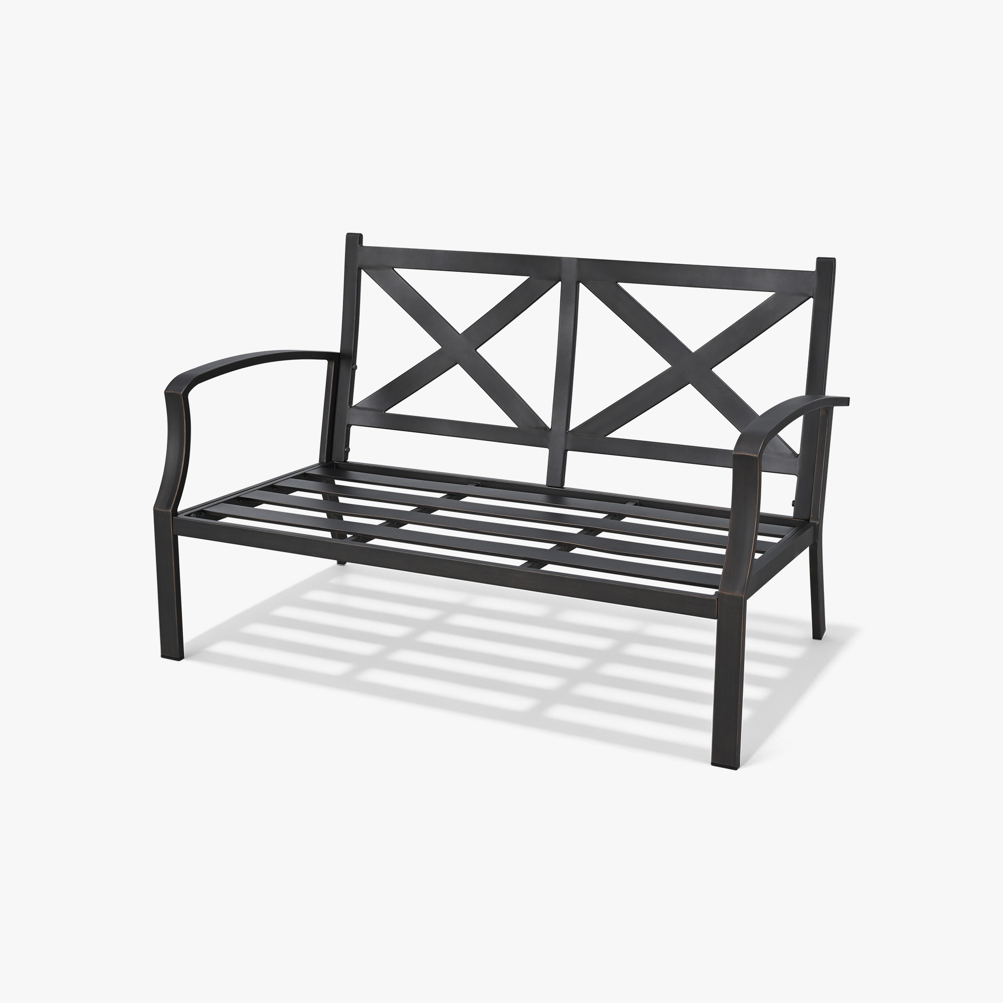 Black metal outdoor loveseat frame with decorative backrest and armrests-Seehill