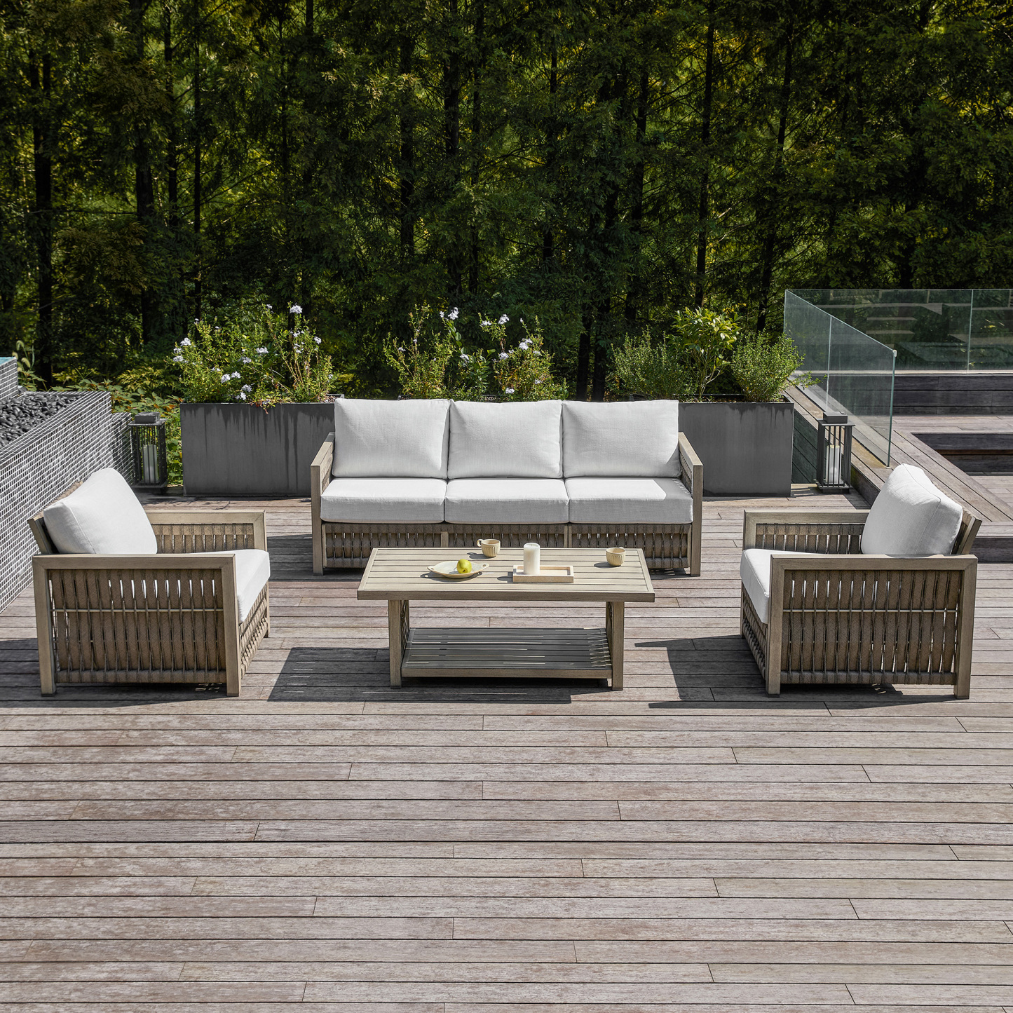 Modern outdoor patio set with wooden frame and whi - Seehill