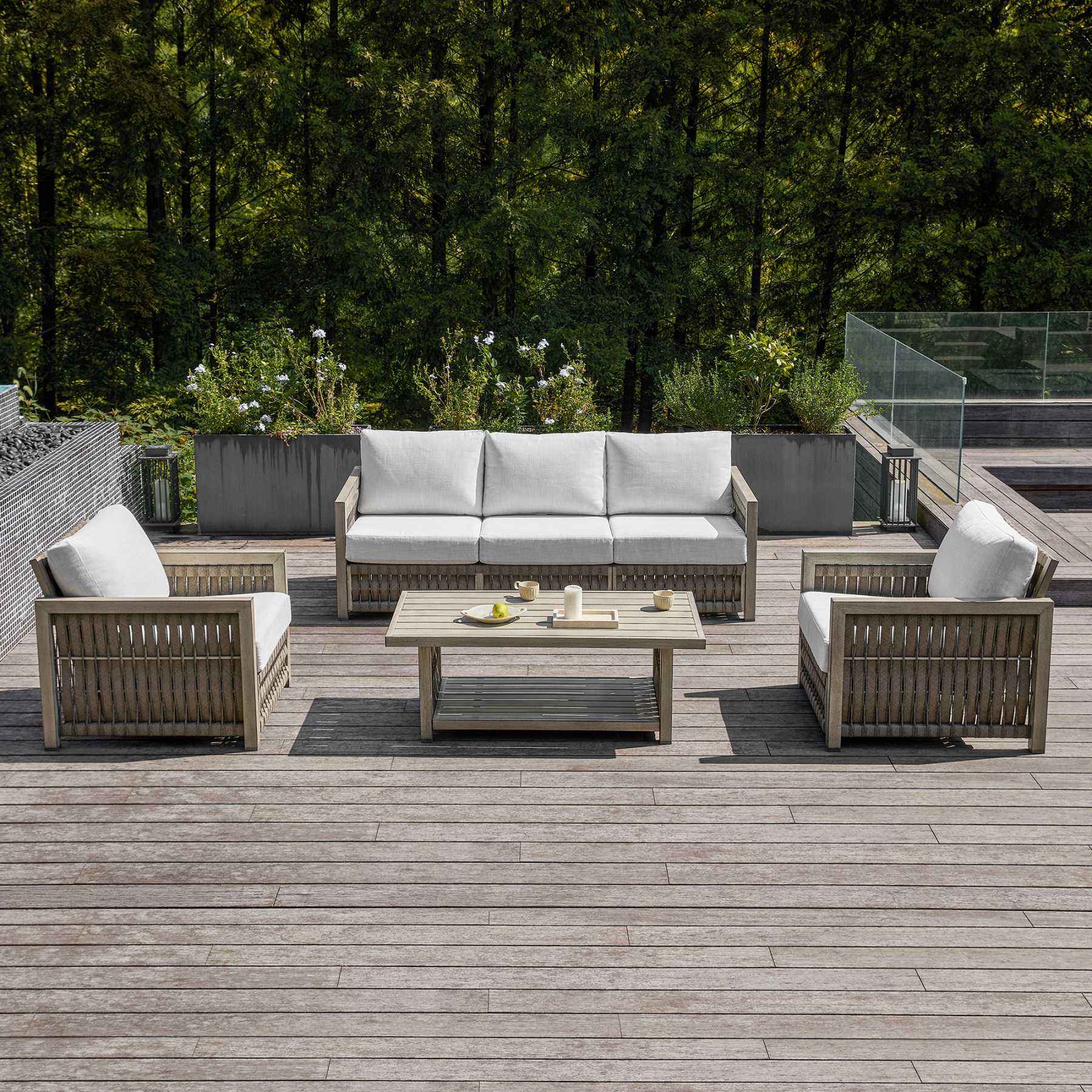 Modern outdoor patio set with wooden frame and whi - Seehill