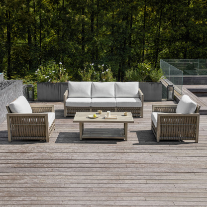 Modern outdoor patio set with wooden frame and whi - Seehill