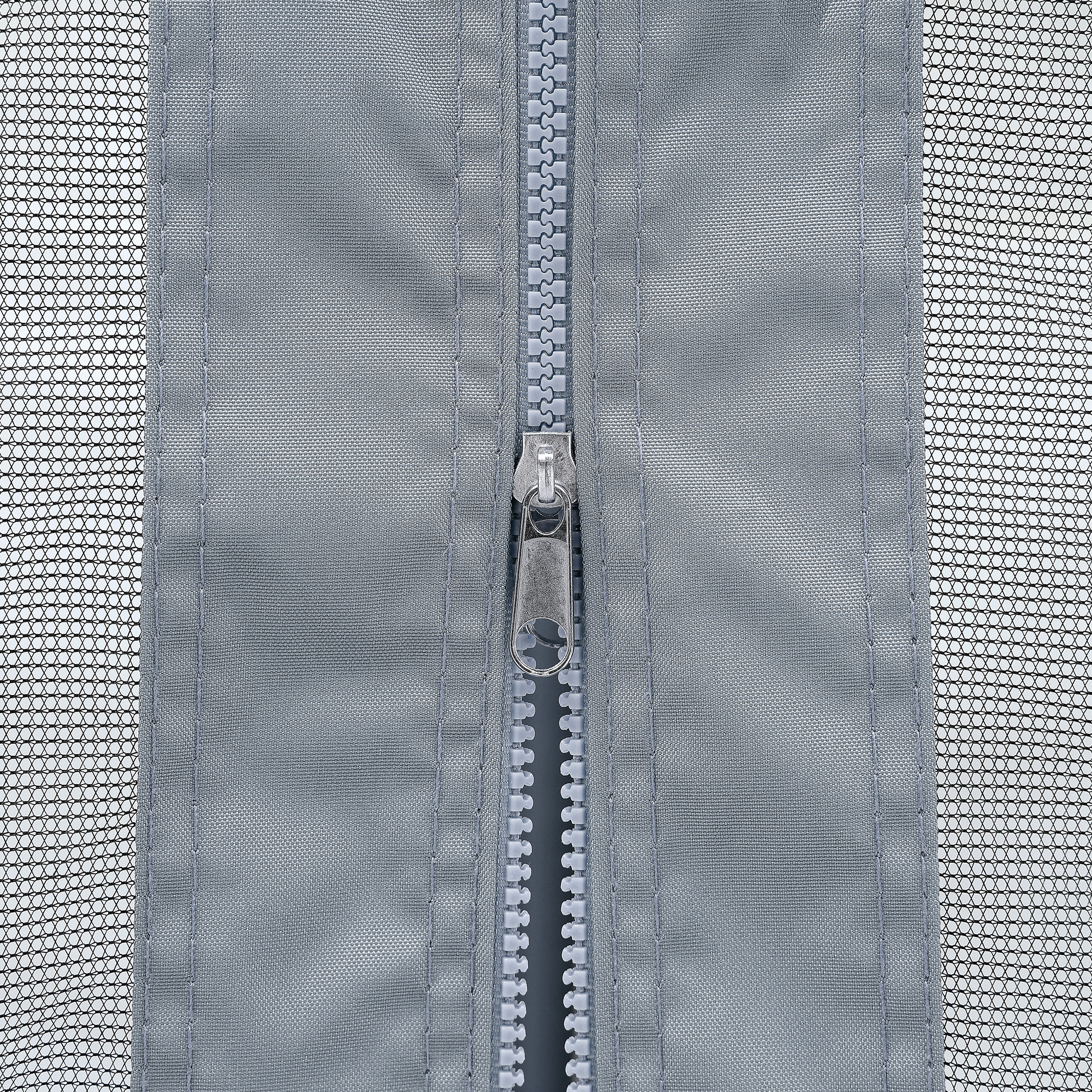 Close-up of gray zipper and mesh netting on outdoor patio gazebo cover -Seehill