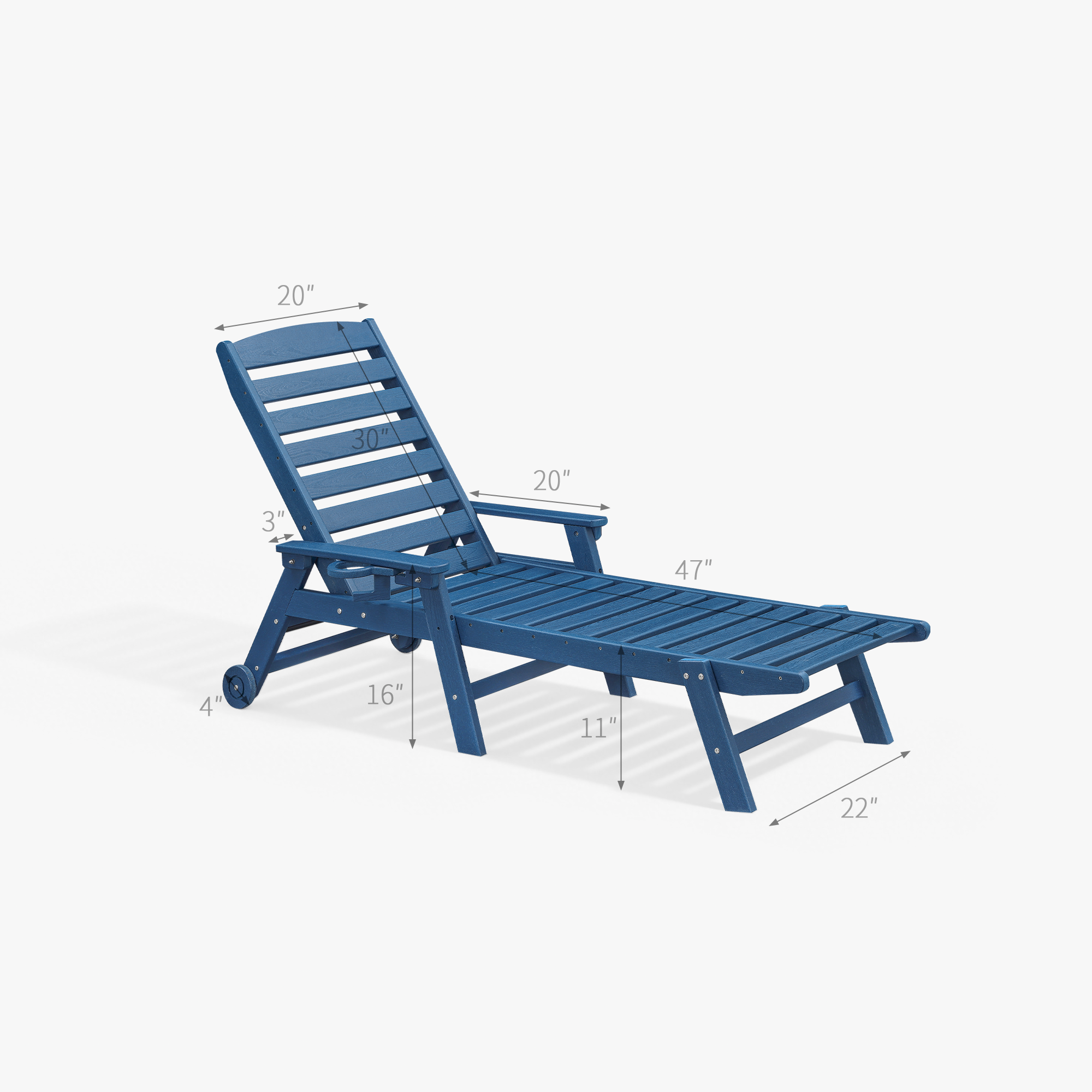 Blue adjustable outdoor lounge chair with wheels on a white background -Seehill