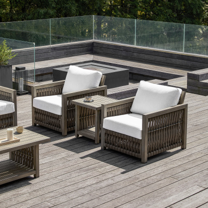 Outdoor wicker armchairs with white cushions and side table set - Seehill