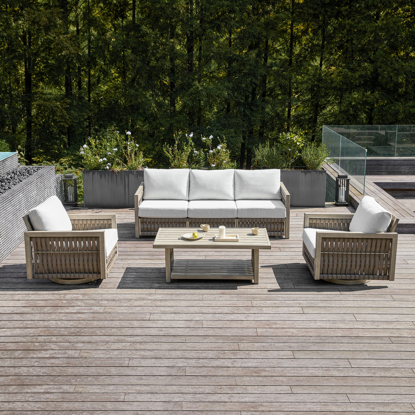 Modern outdoor wooden sofa set with white cushions and coffee table - Seehill