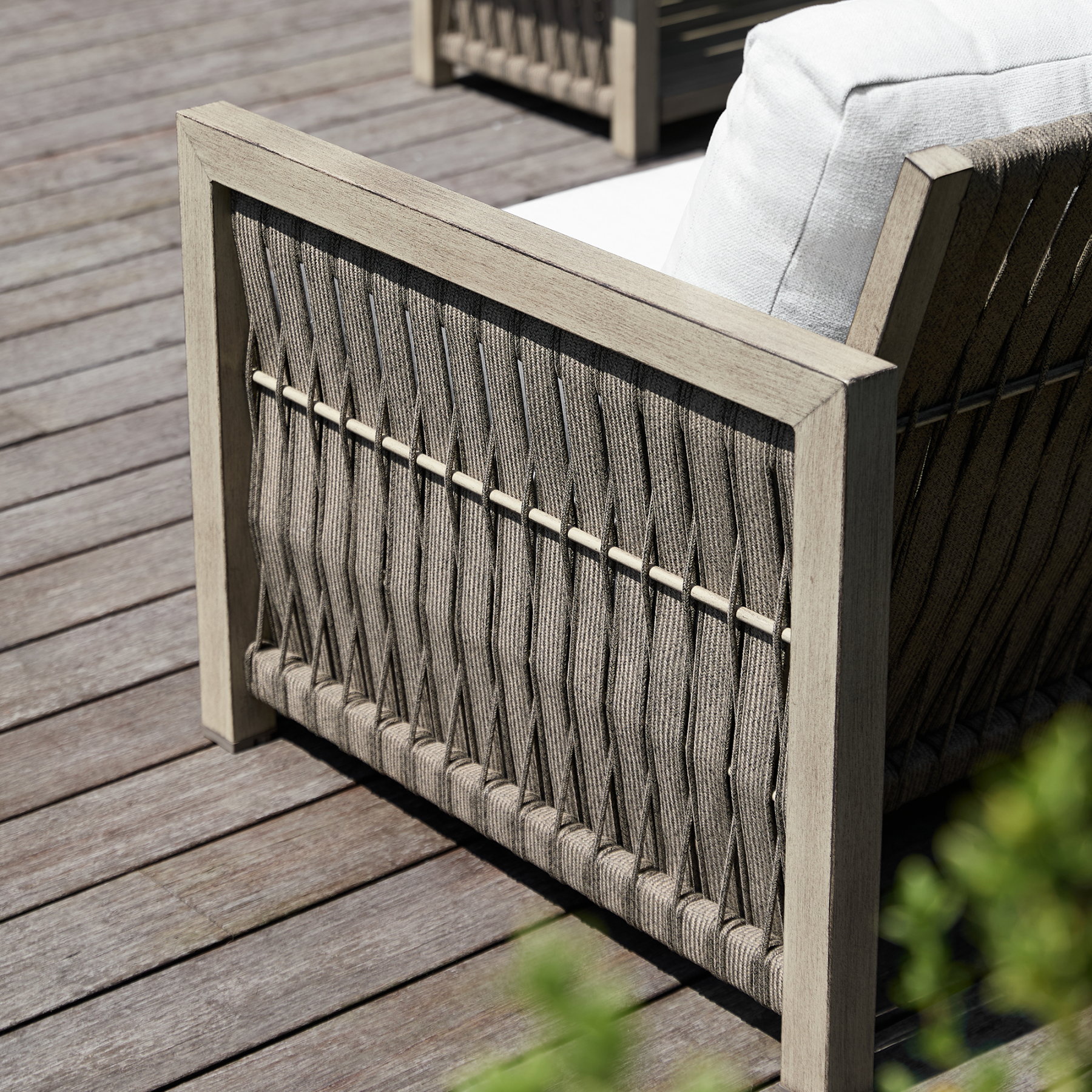 Outdoor woven armchair with wooden frame and cushion - Seehill