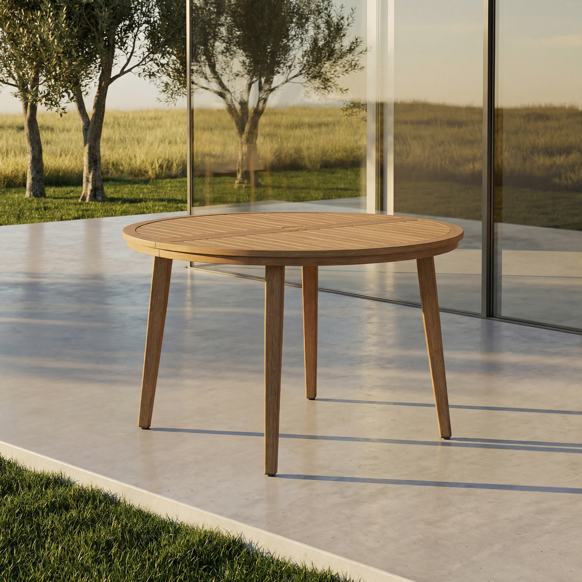 Round aluminum patio dining table with umbrella hole on outdoor patio near glass wall-Seehill