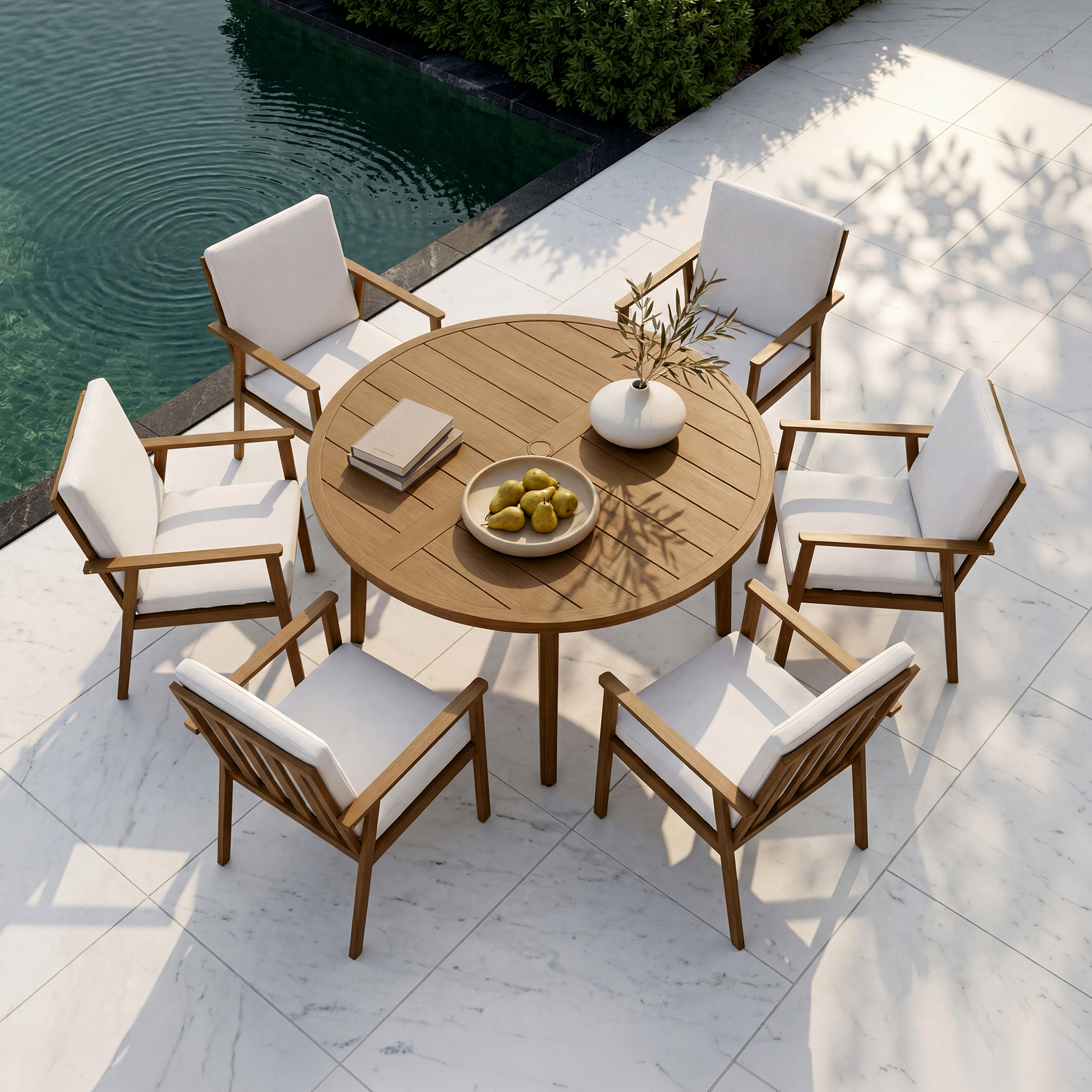 Round aluminum patio dining table with six cushioned chairs set beside a pool-Seehill