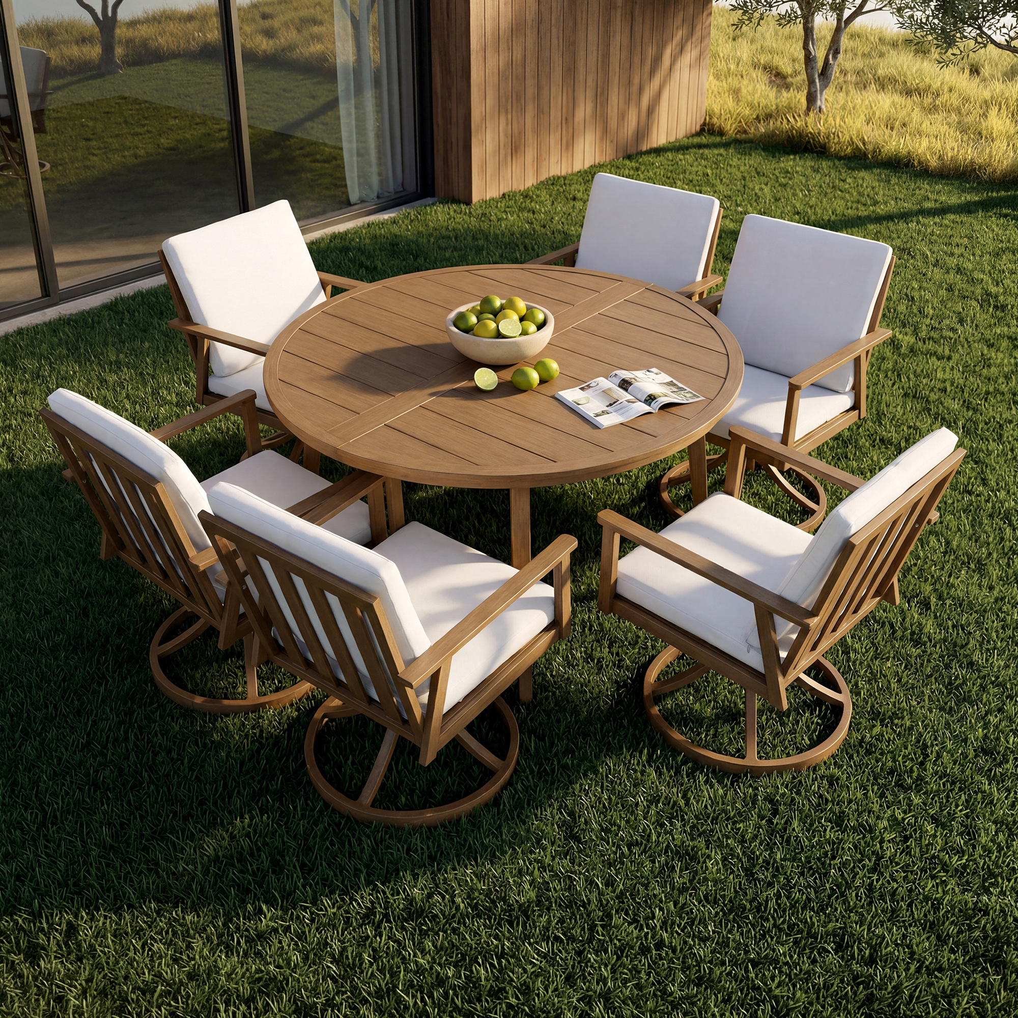 Round patio dining set with cushioned swivel chairs on green grass lawn-Seehill