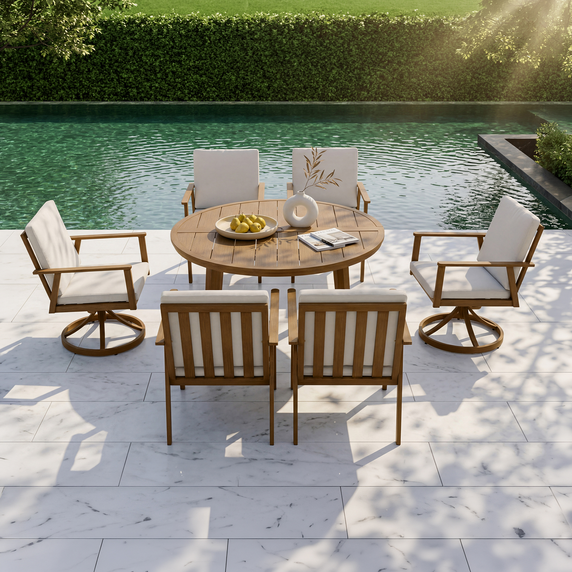 Outdoor patio dining set with round table and cushioned chairs by the poolside-Seehill