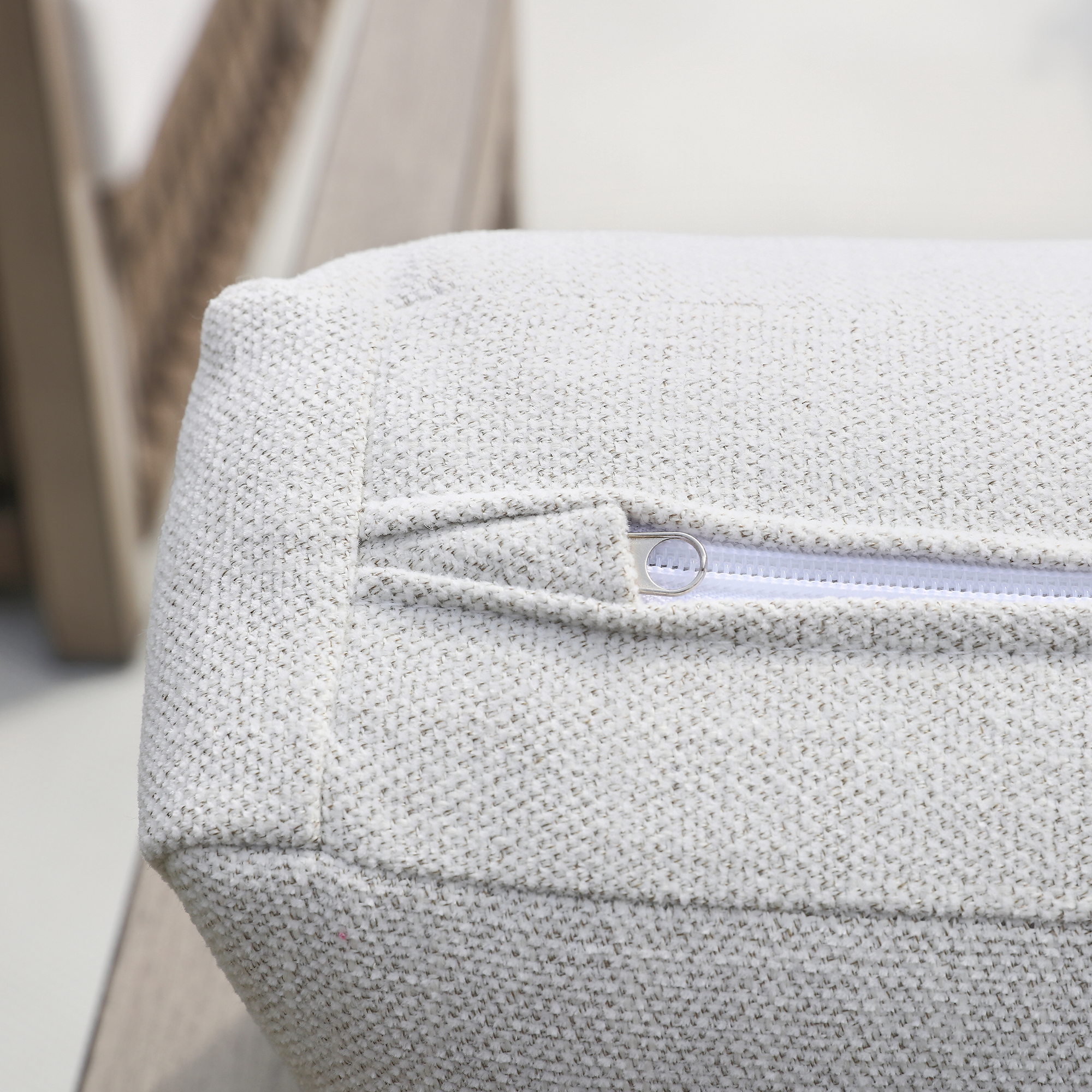 Stylish Oversize Rope Weave Outdoor Sofa includes a beige textured ottoman with a hidden zipper closure. - Seehill
