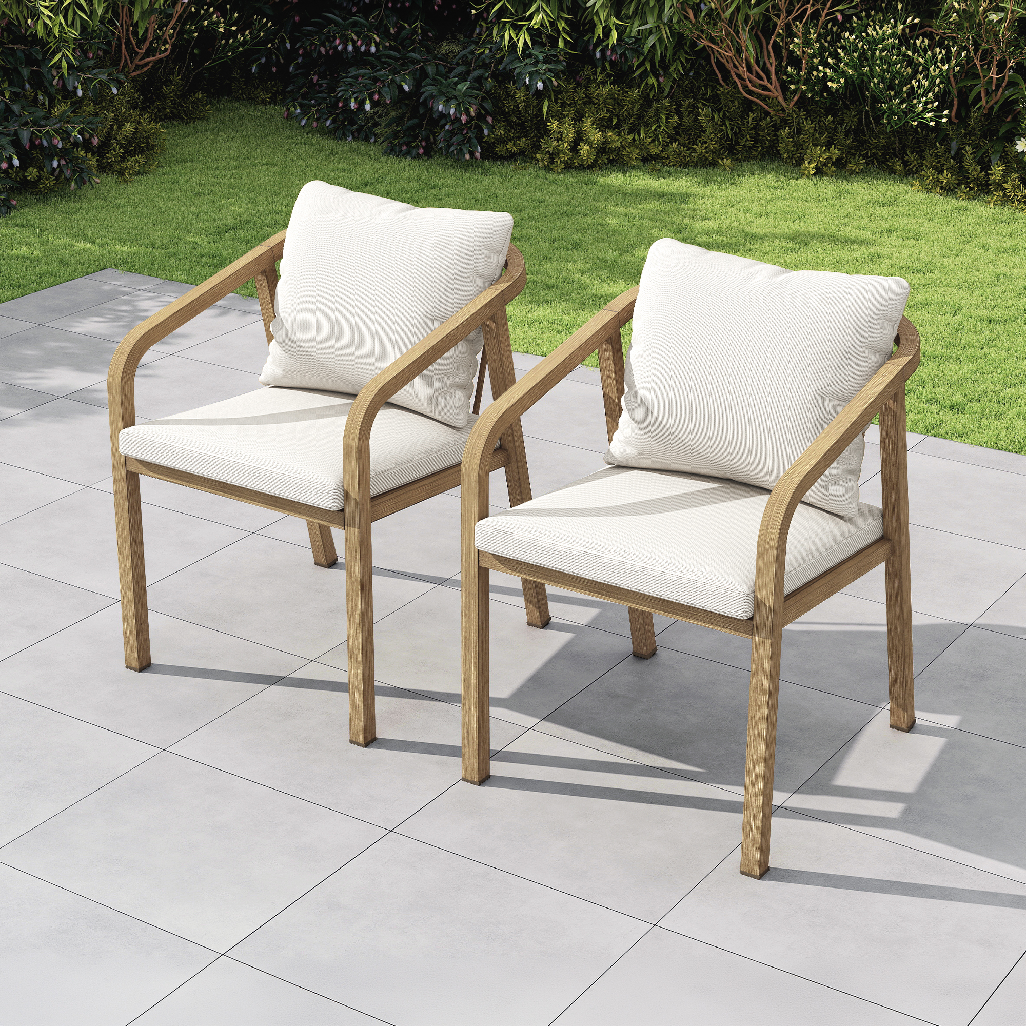 Two cushioned outdoor dining chairs with wraparound wooden frames on a patio-Seehill