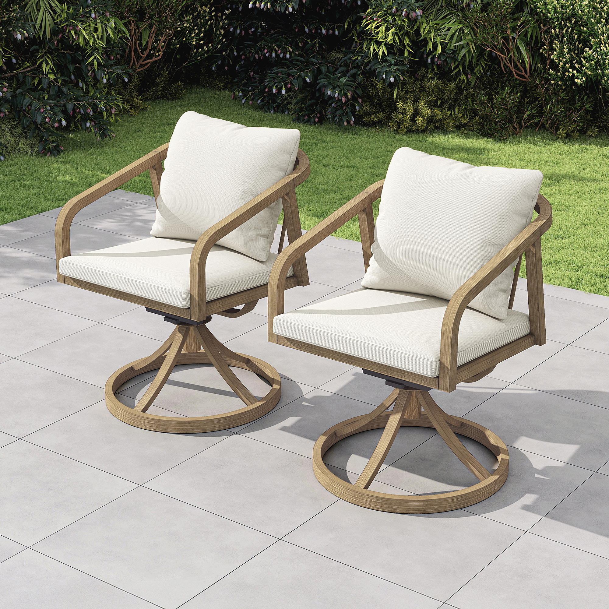 Two outdoor swivel chairs with wooden frames and white cushions on a tiled patio-Seehill