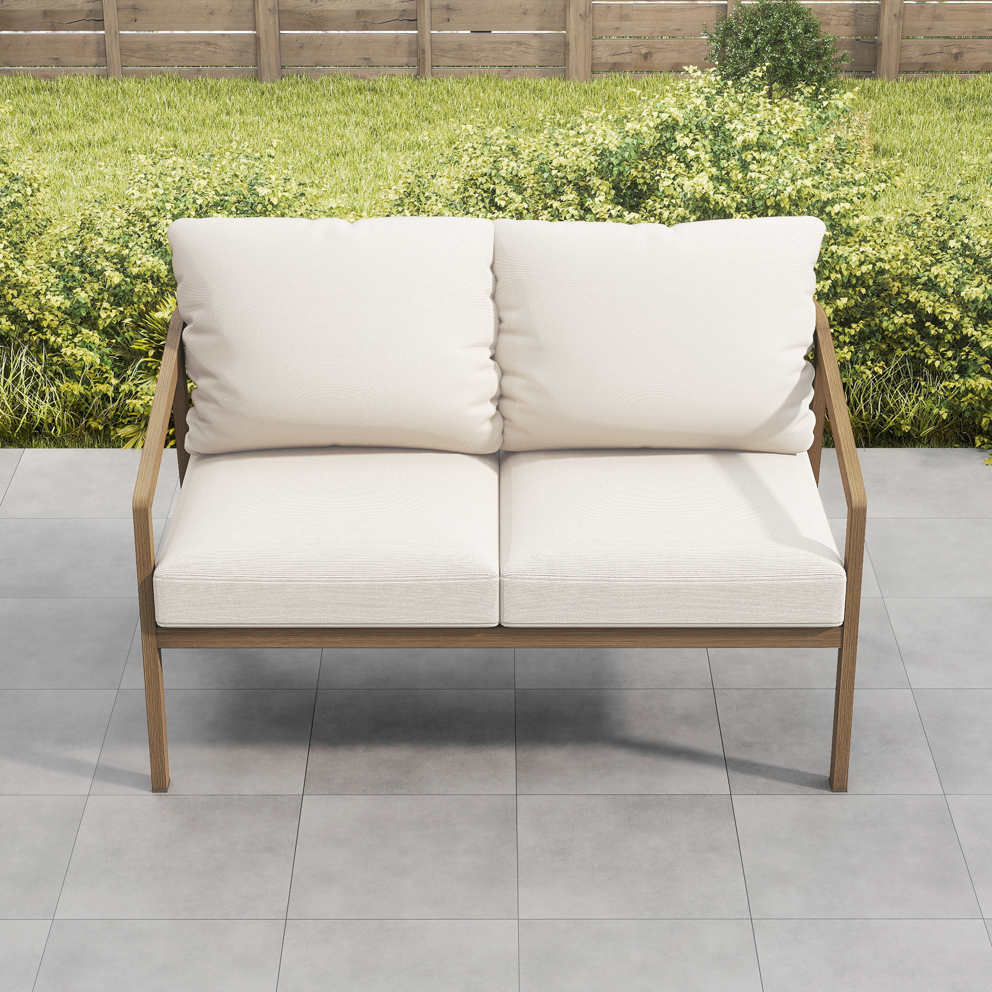 Horizon Outdoor loveseat with wooden frame and white cushions on patio tiles near garden-Seehill