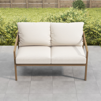 Explore the Seater patio loveseat with beige cushions and dark wicker frame, ideal for outdoor use. - Seehill
