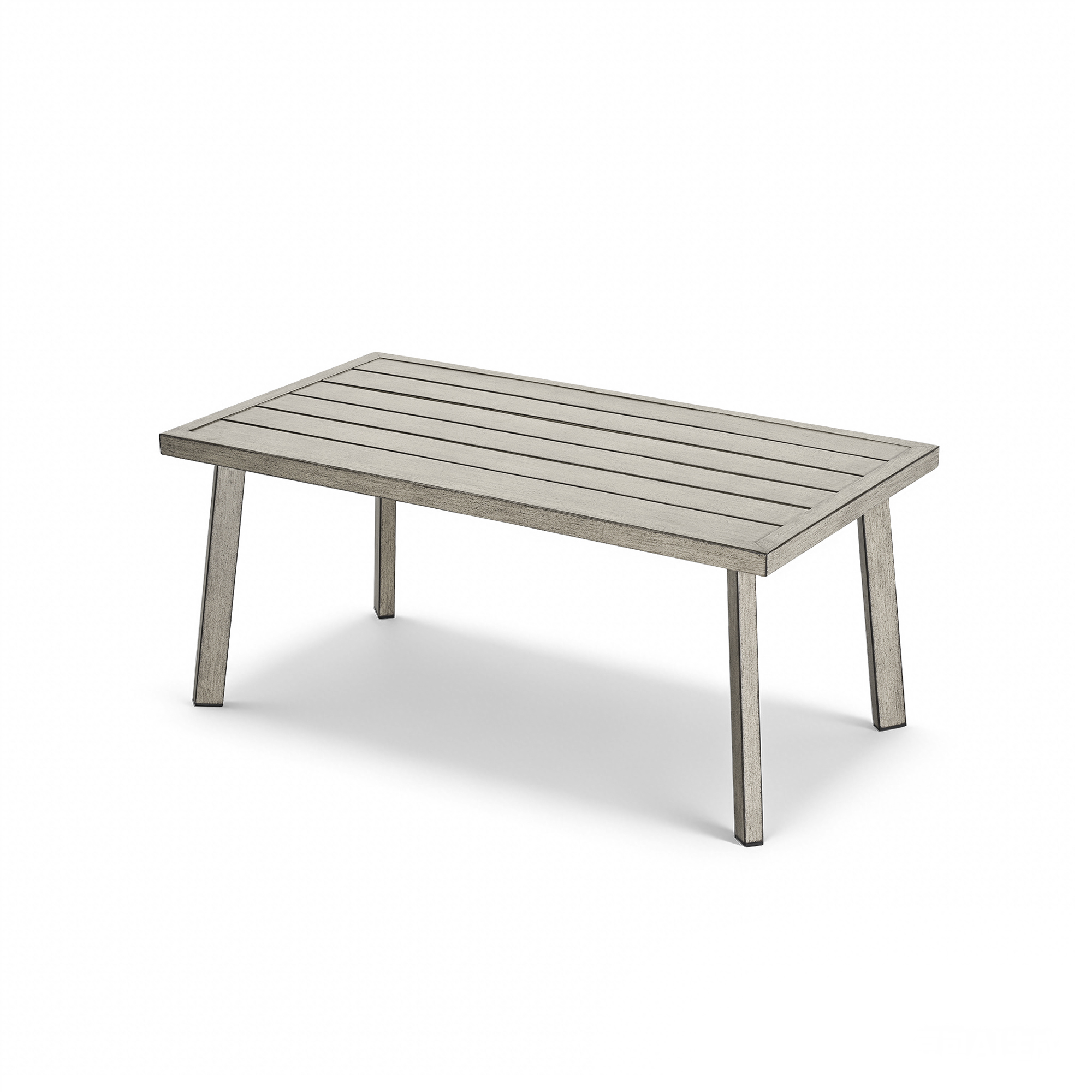 Rectangular patio coffee table with wood grain texture and sturdy angled legs on white-Seehill