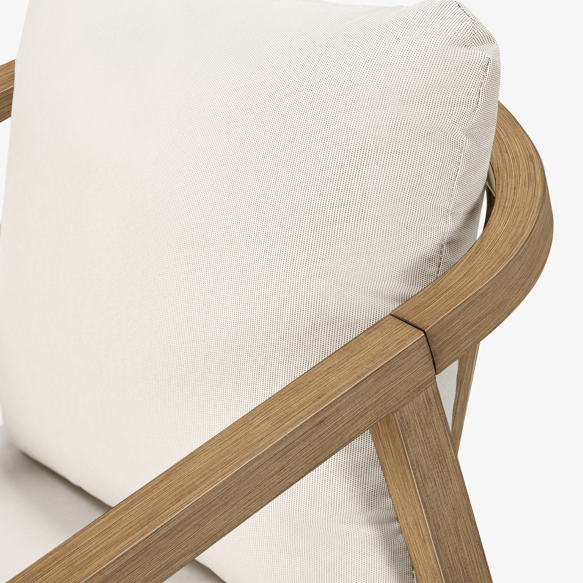 Close-up of patio dining chair armrest with light wood finish and beige cushion-Seehill