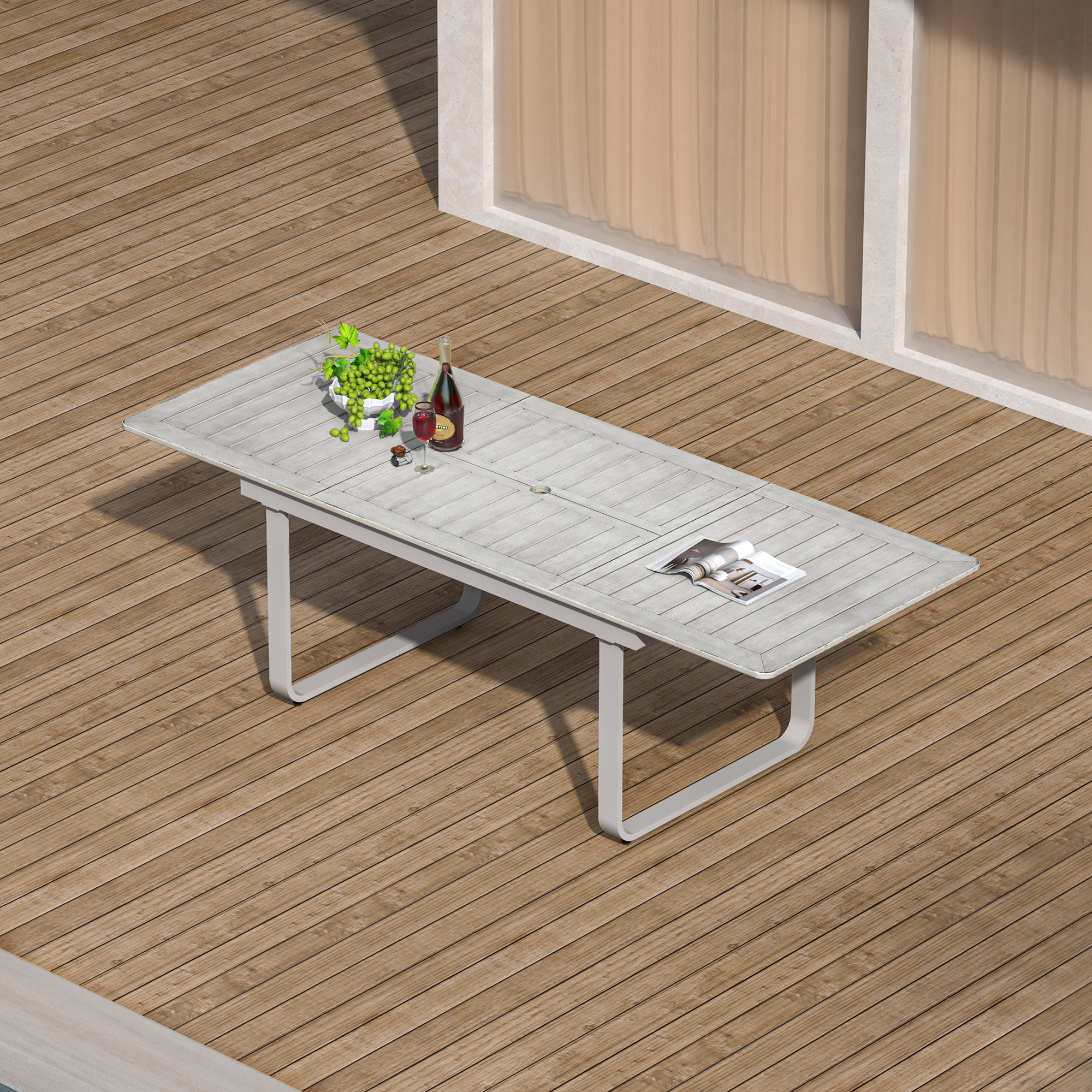 Expandable outdoor dining table with U-shaped legs on wooden patio deck -Seehill