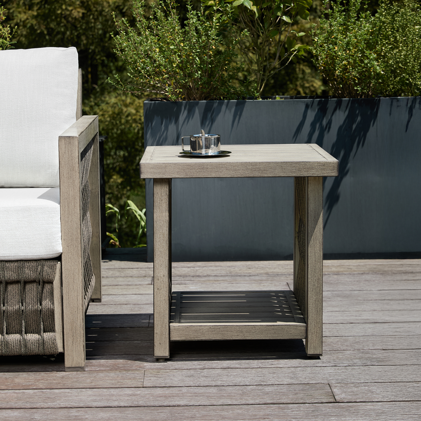 Outdoor side table with storage shelf and cup, modern patio furniture - Seehill