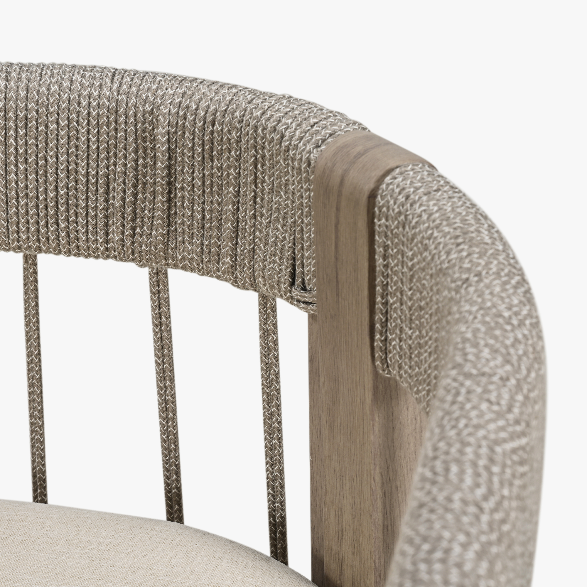 Close-up of patio sofa armrest showing woven rope and faux wood grain frame detail-Seehill
