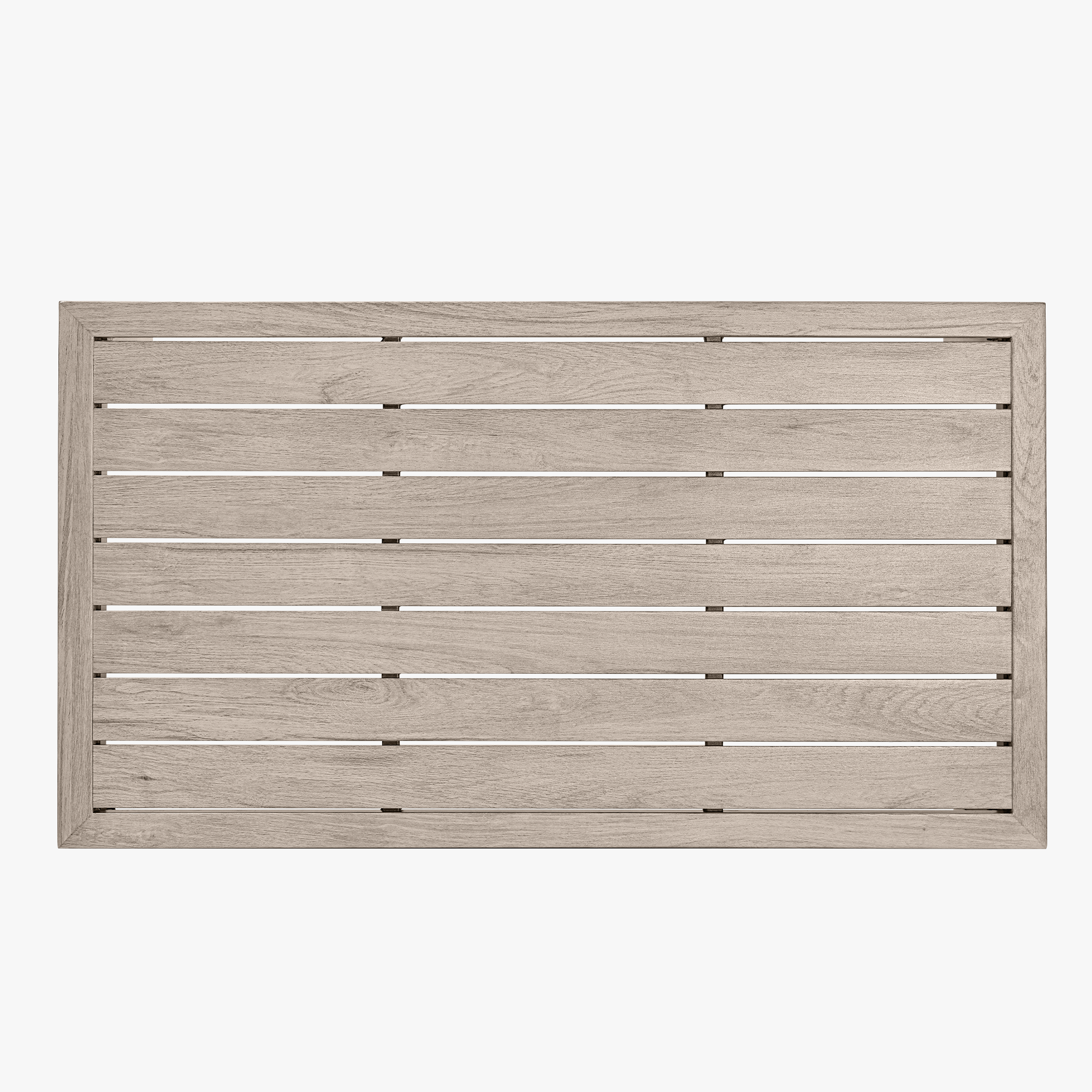 Top view of a rectangular patio coffee table with faux wood grain slats on white background -Seehill