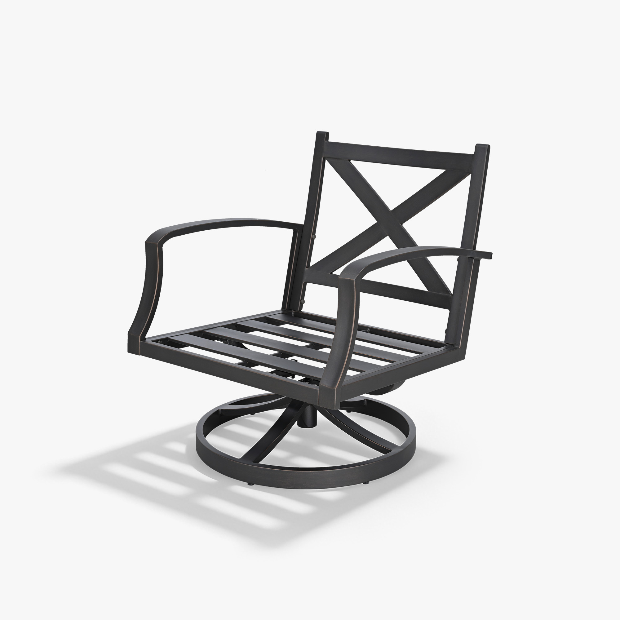 Black metal outdoor swivel chair frame with wide armrests and cross back design -Seehill